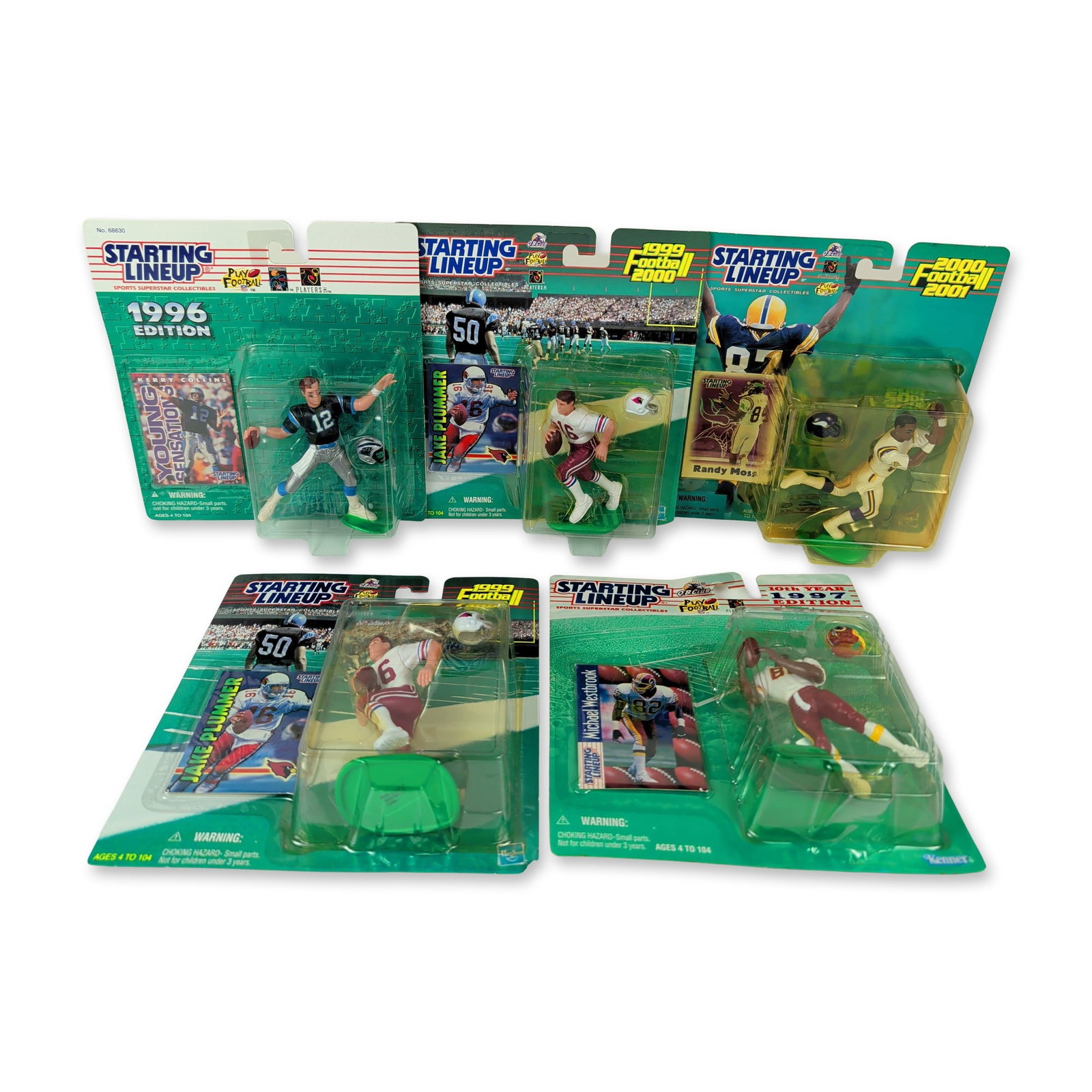 5pc NFL Kenner and Hasbro Starting Lineup Action Figure Collection: This five-piece collection of sports action figures features prominent National Football League players in original factory-sealed plastic blister packaging. The assortment comprises individual figure