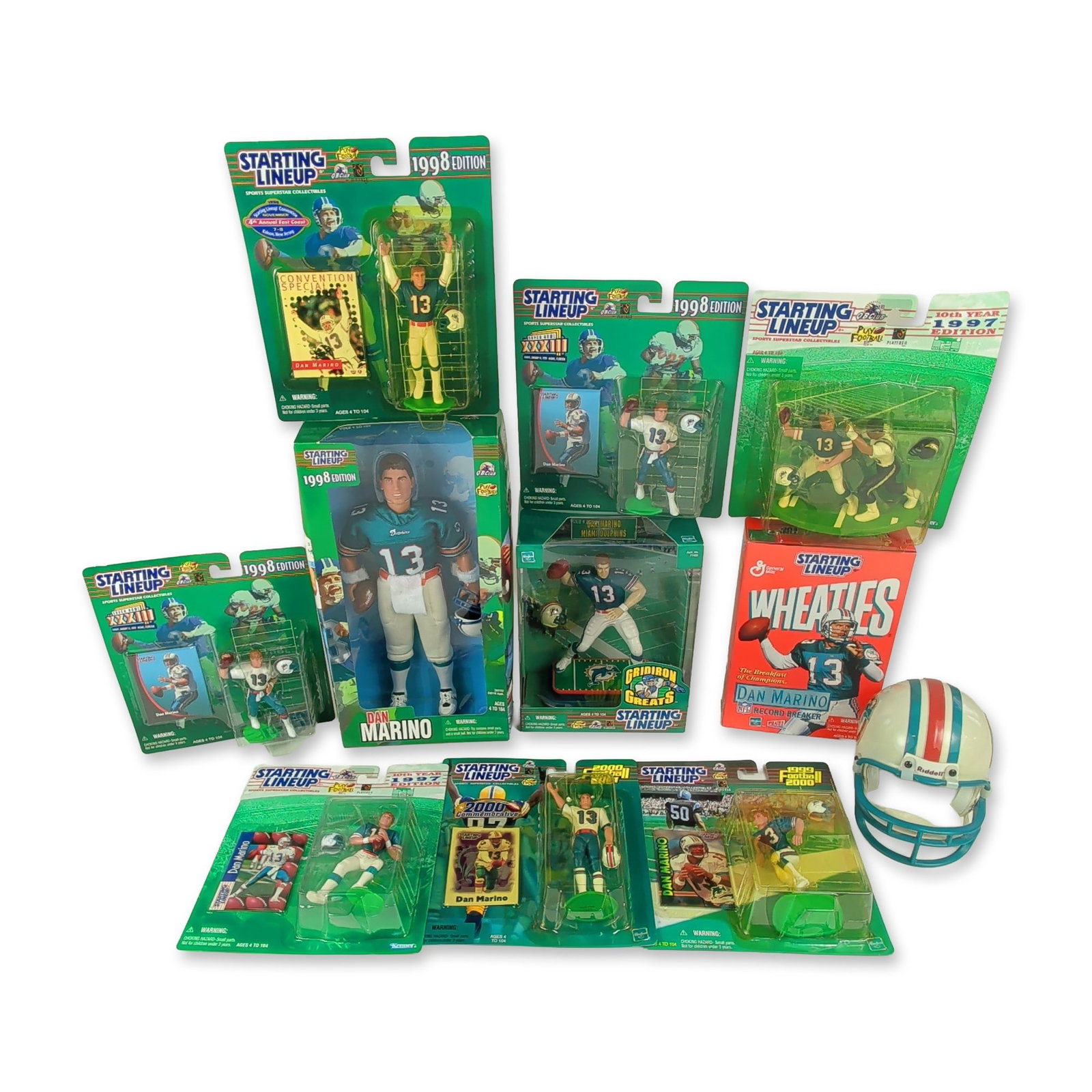 11pc Miami Dolphins Oronde Gadsden Signed Mini Helmet and Dan Marino Action Figure Collection: This eleven-piece collection of sports memorabilia features items honoring prominent members of the Miami Dolphins franchise. The centerpiece is a white Riddell mini helmet with a teal face mask and t