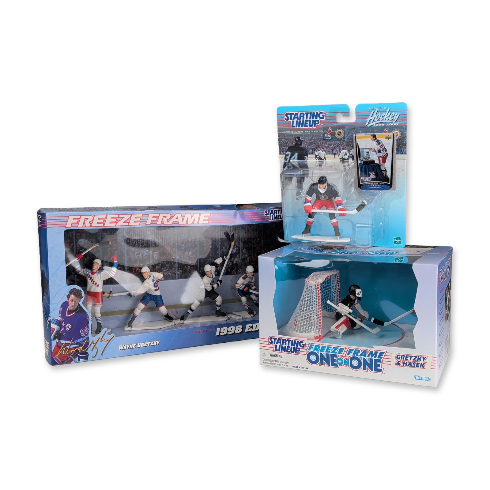 3pc Kenner Starting Lineup Wayne Gretzky Action Figures: Trio of original, unopened Kenner Starting Lineup hockey action figure sets featuring NHL legend Wayne Gretzky. The lot includes a Freeze Frame 1998 Edition collector set containing four figures depic