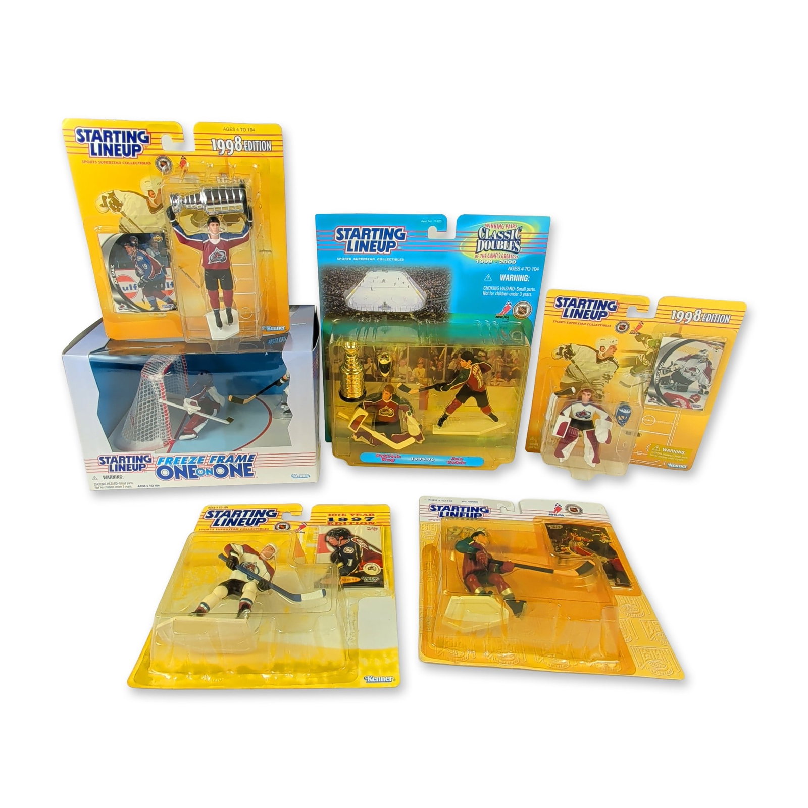 6pc Kenner Colorado Avalanche Starting Lineup Action Figure Collection: This collection of vintage Kenner Starting Lineup NHL sports action figures features prominent members of the Colorado Avalanche hockey franchise in original factory packaging. The pieces include indi