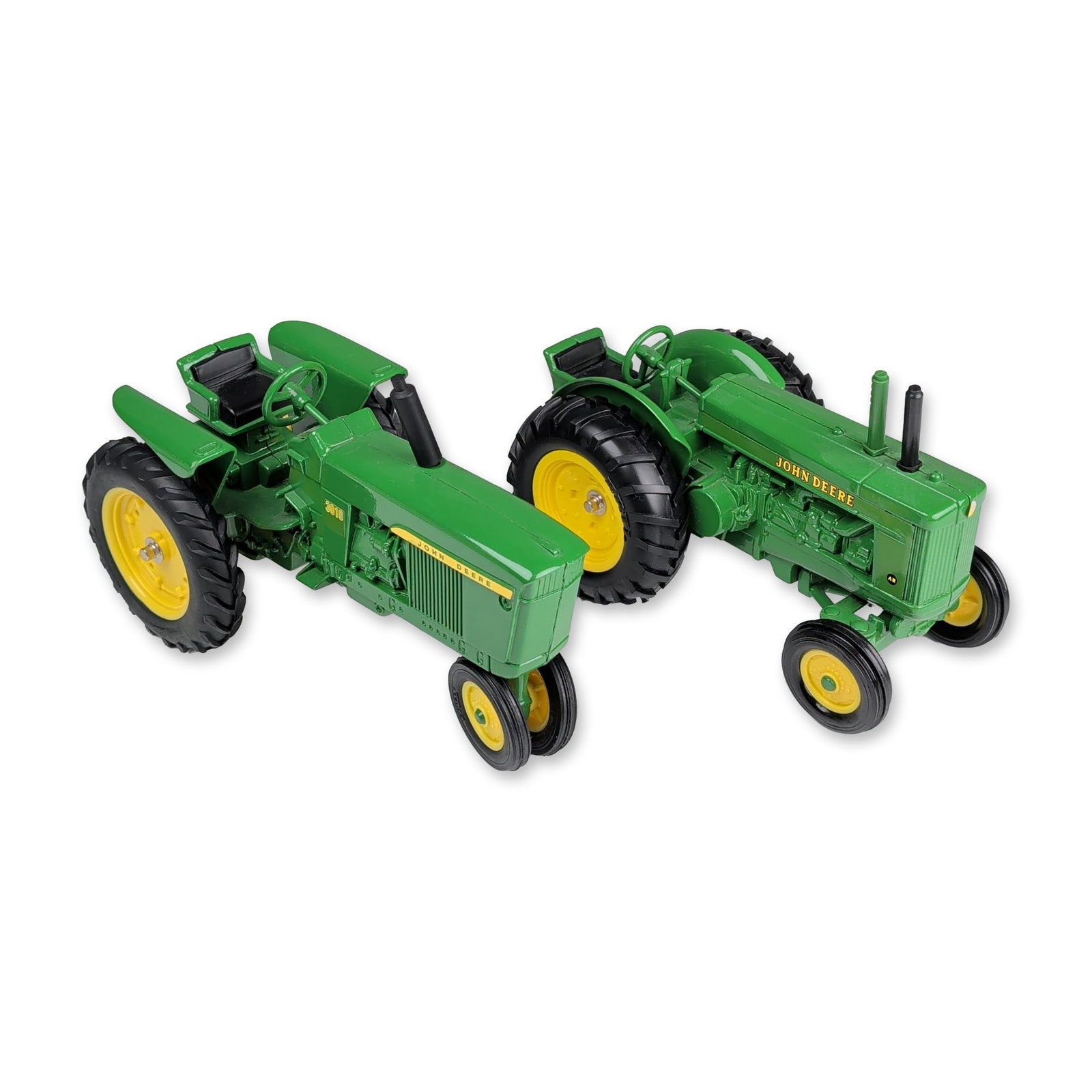 Two John Deere 1/16 Scale Die-cast Tractor Replicas: Ertl 1/16 scale John Deere model tractors in die-cast metal. The pair includes one John Deere 3010 narrow front tricycle-style tractor and one John Deere AR wide front tractor. Both examples feature g