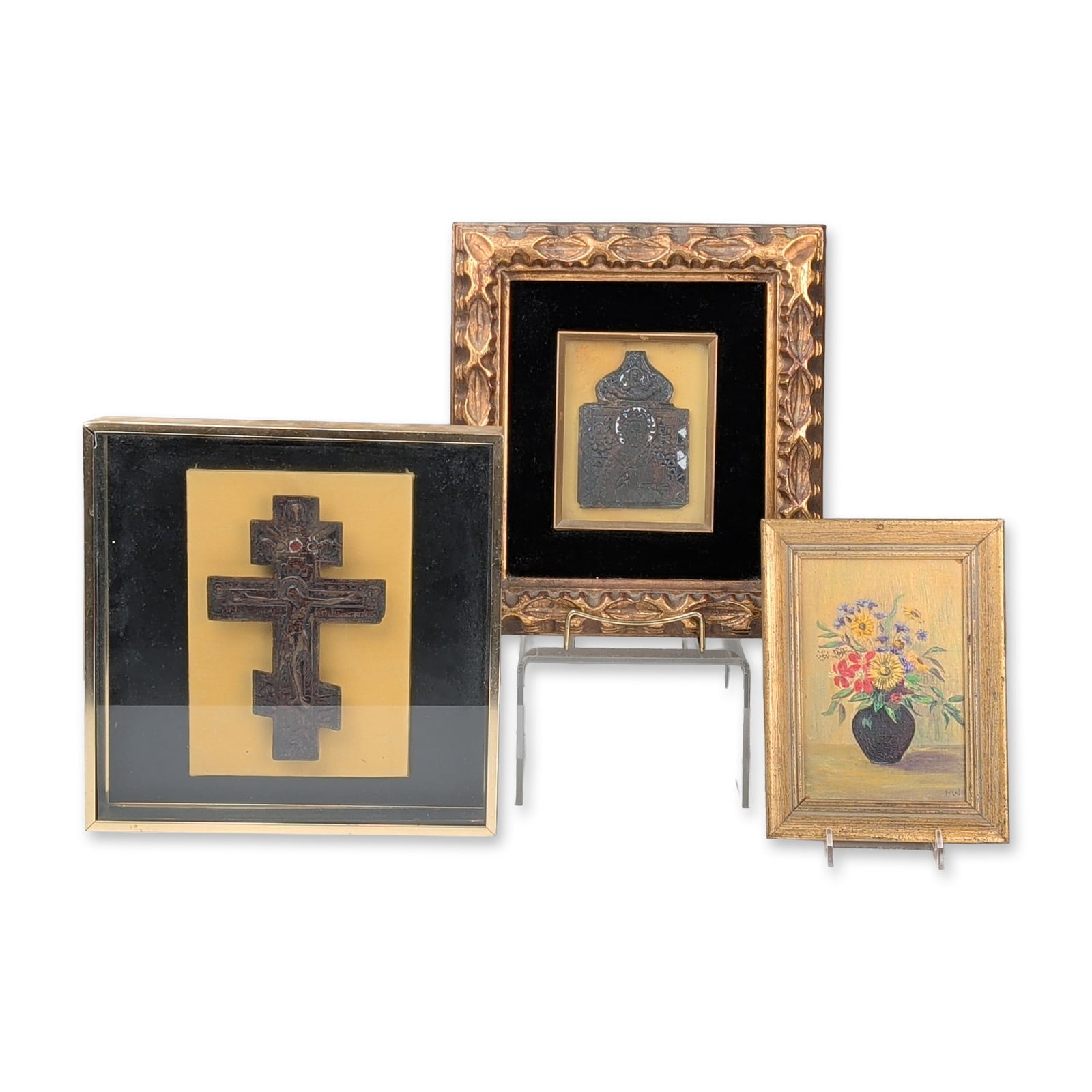 Three Framed Russian Orthodox Metalwork and Floral Miniature Art: Russian Orthodox cast bronze or brass cross, likely 19th century, featuring a traditional eight-pointed design with a central relief figure of Christ flanked by angels and topped by a representation o