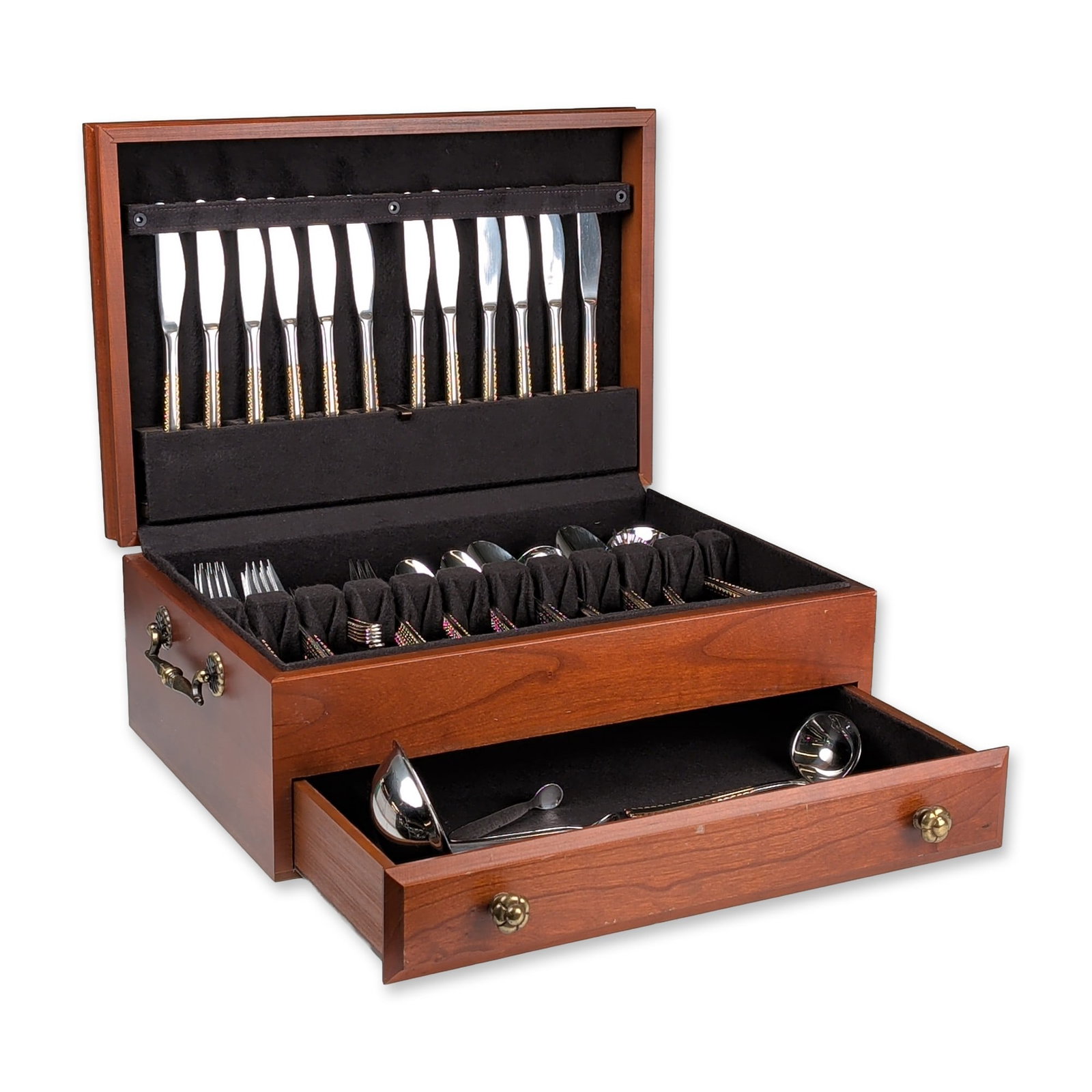 70pc SBS Bestecke Solingen 18/10 Stainless and Gold-Plated Flatware, Service for Twelve: German comprehensive flatware service for twelve by SBS Solingen. The set is crafted in 18/10 stainless steel with decorative gold-toned plating on the handles. Each piece features a handle design wit