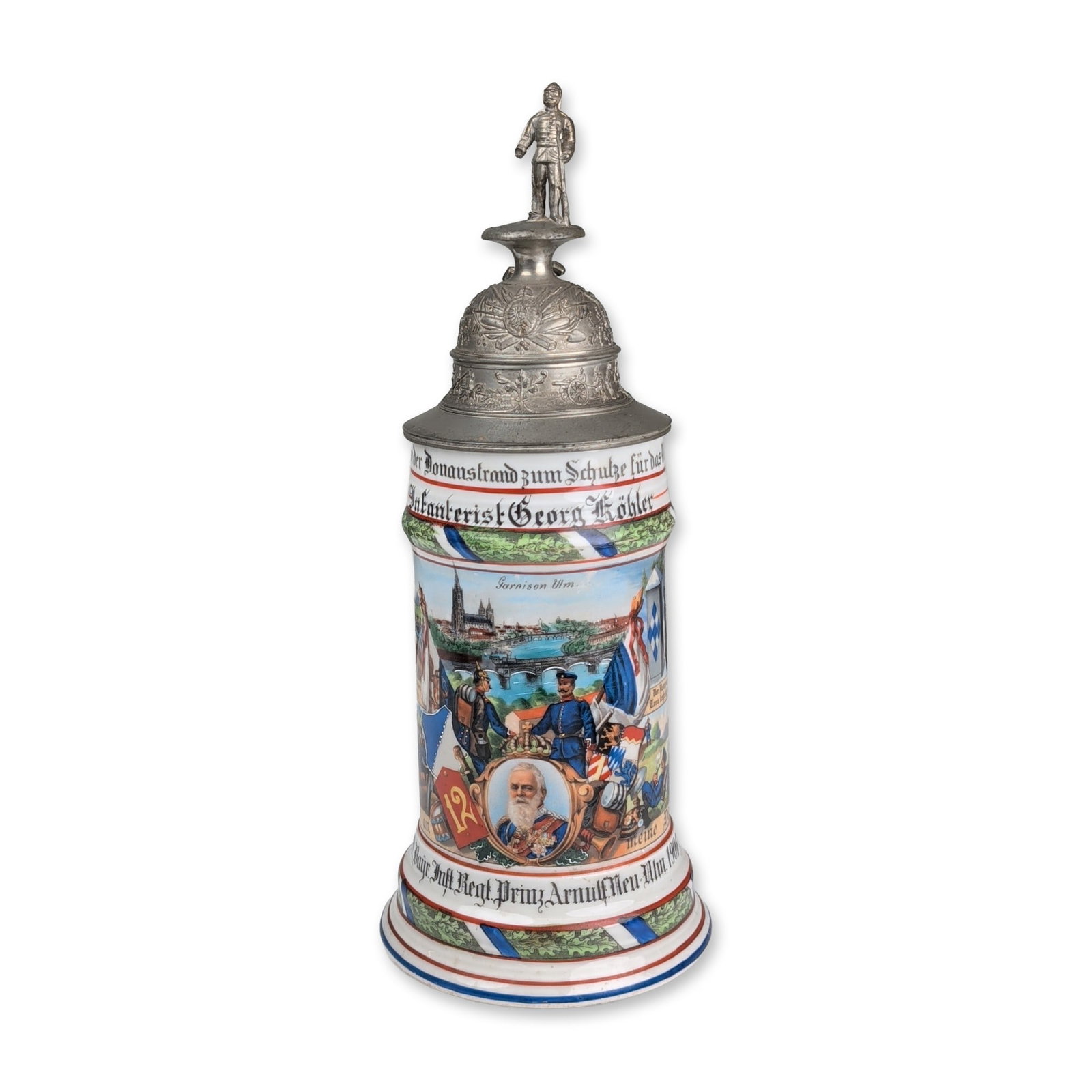 Imperial Bavarian 12th Infantry Regiment Reservist Stein: Imperial German porcelain reservist beer stein with pewter lid, dated 1906-1908, commemorating the military service of Infanterist Georg Kohler. The vessel honors the 12th Company of the 12th Royal