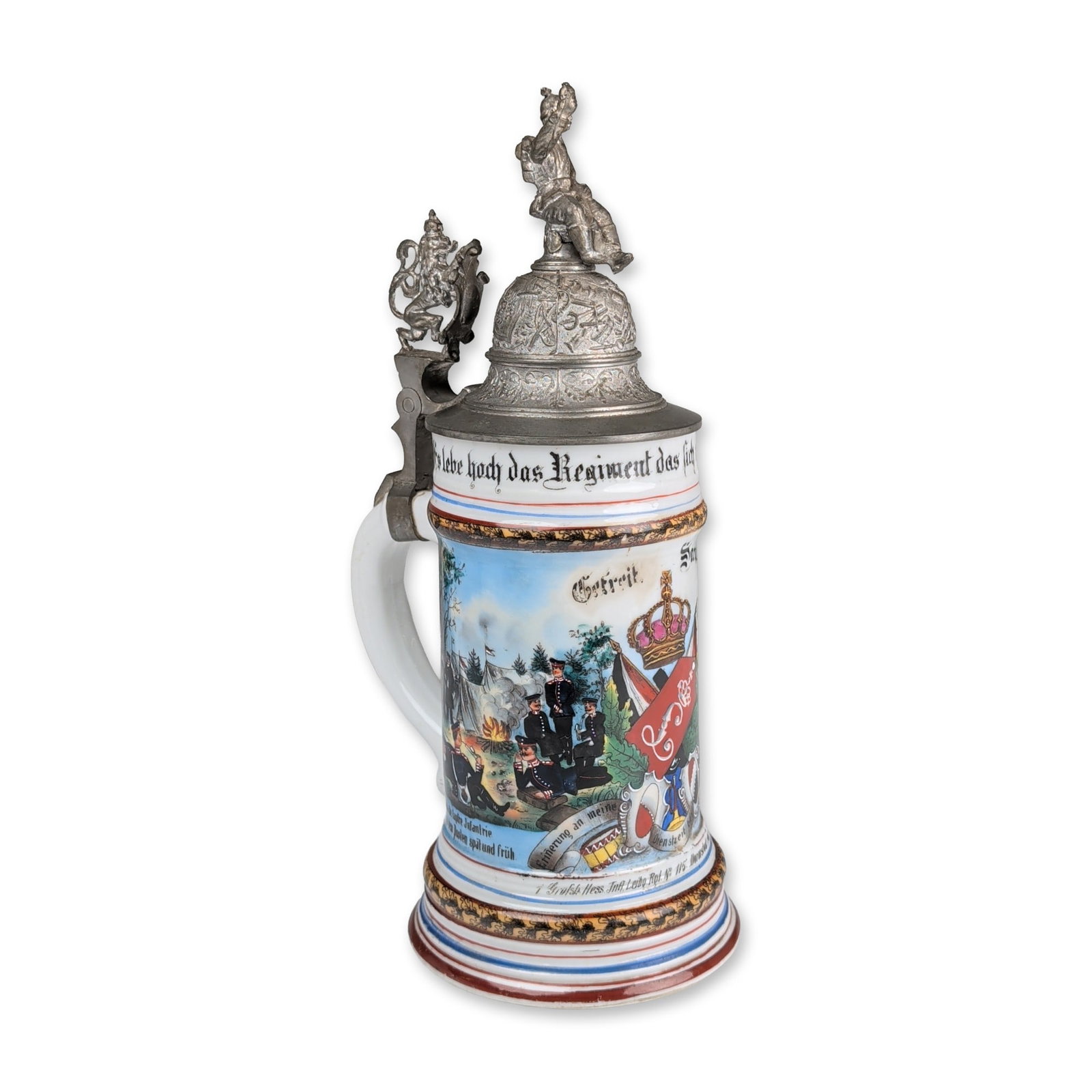 Imperial German Hessian Guard Infantry Stein: Imperial German, circa 1900-1905. Reservist's beer stein in porcelain with pewter mounts, featuring regimental scenes for the 1st Grand Ducal Hessian Life Guard Infantry Regiment No. 115, Darmstadt. T