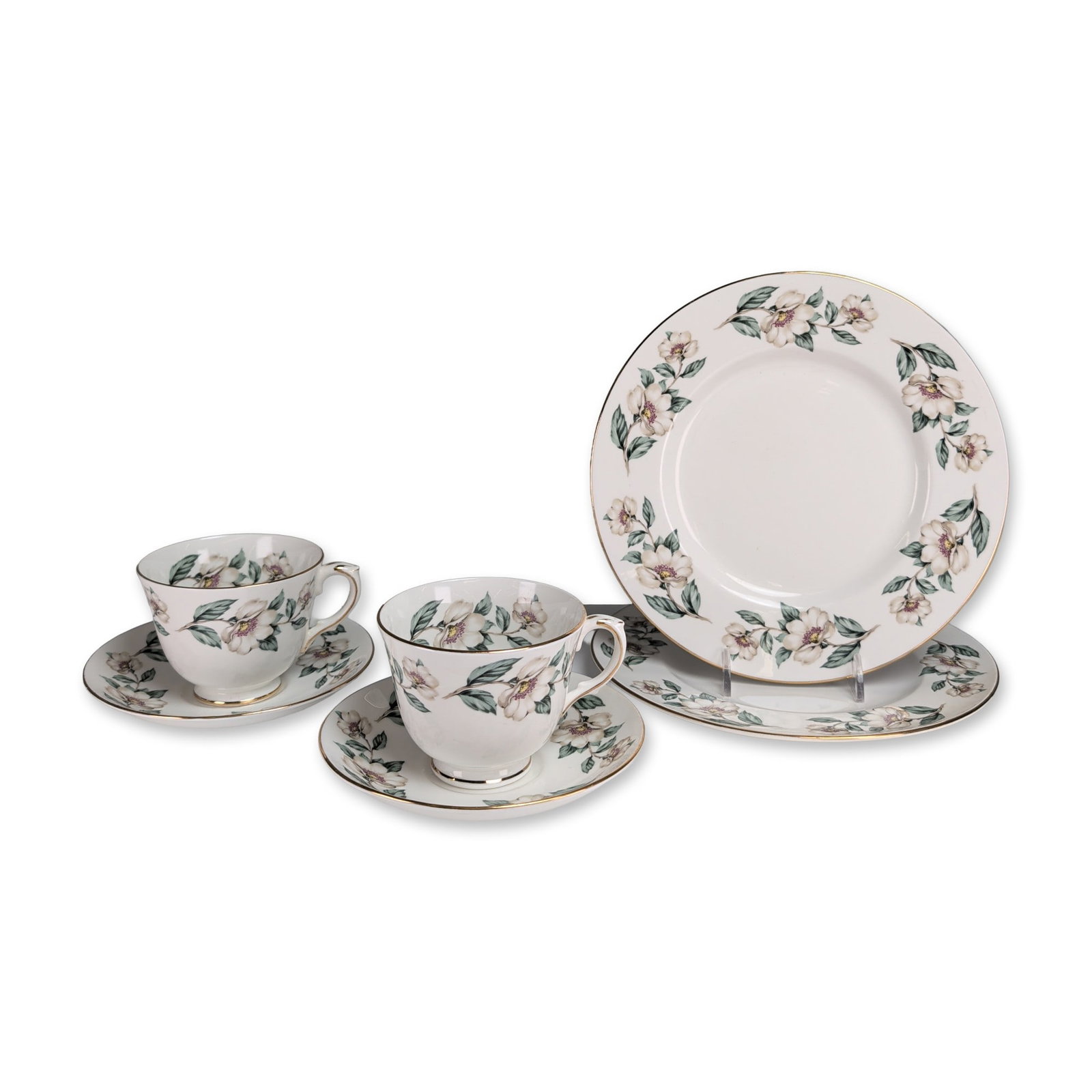 6pc Crown Staffordshire England Bone China Floral Tea Service: Crown Staffordshire fine bone china six-piece service featuring a transfer-printed floral pattern depicting blossoms in white and pale pink with green foliage. Each piece is accented with a hand-appli