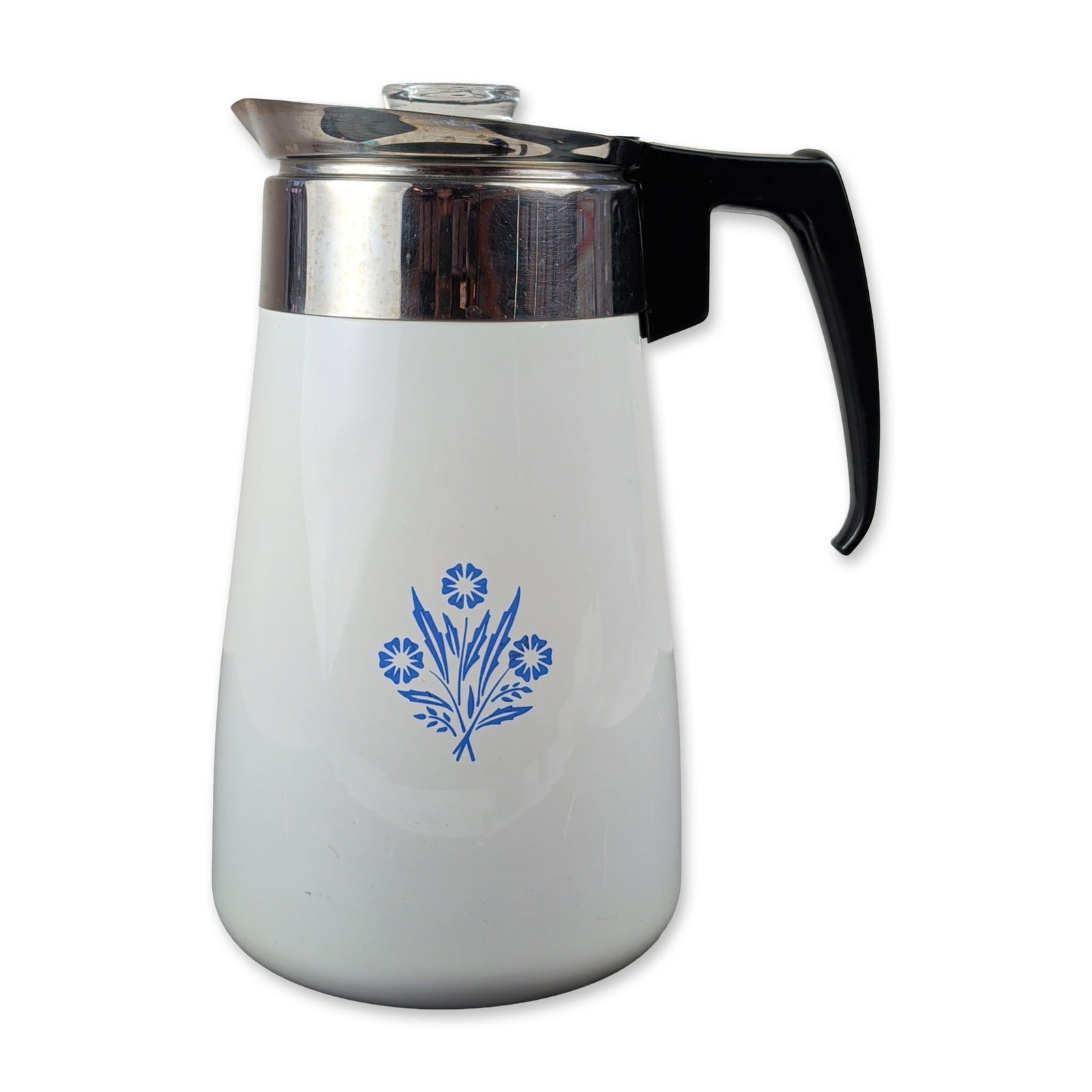 Corning Ware Blue Cornflower Stovetop Percolator: Corning Ware stovetop coffee percolator in white Pyroceram featuring the Blue Cornflower pattern. The unit consists of a tapered body with a chrome-plated metal collar, black plastic handle, and black