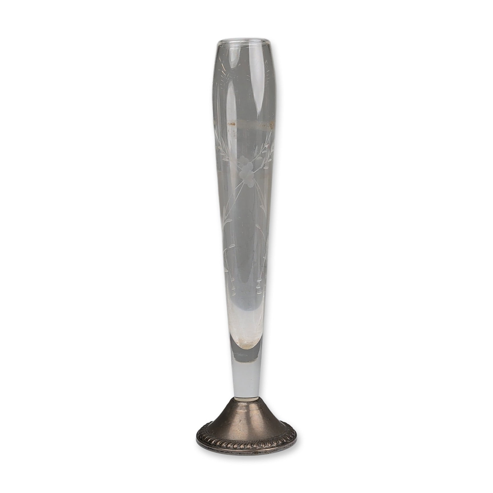 Duchin Creation Sterling Silver Etched Glass Bud Vase on Weighted Base: American mid-century trumpet-form bud vase by Duchin Creation. The clear glass vessel features a wheel-etched foliate and floral motif. The glass is set into a circular, weighted sterling silver base