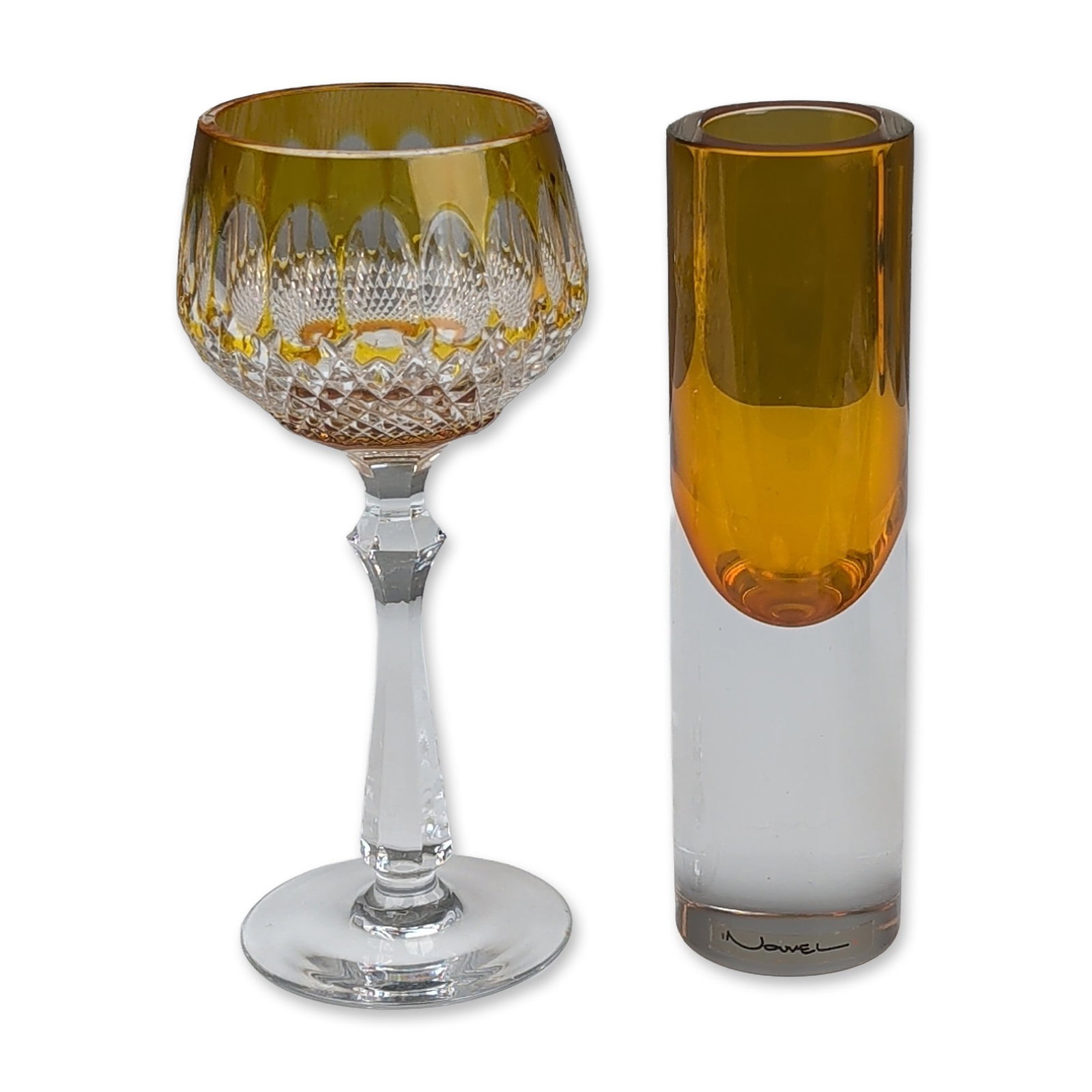 Nouvel Studio Art Glass Vase with Cut to Clear Goblet: Two pieces of amber-colored decorative glassware, including a modernist art glass cylinder and a cut crystal wine goblet. The heavy-walled art glass cylinder features a deep amber core encased in thic