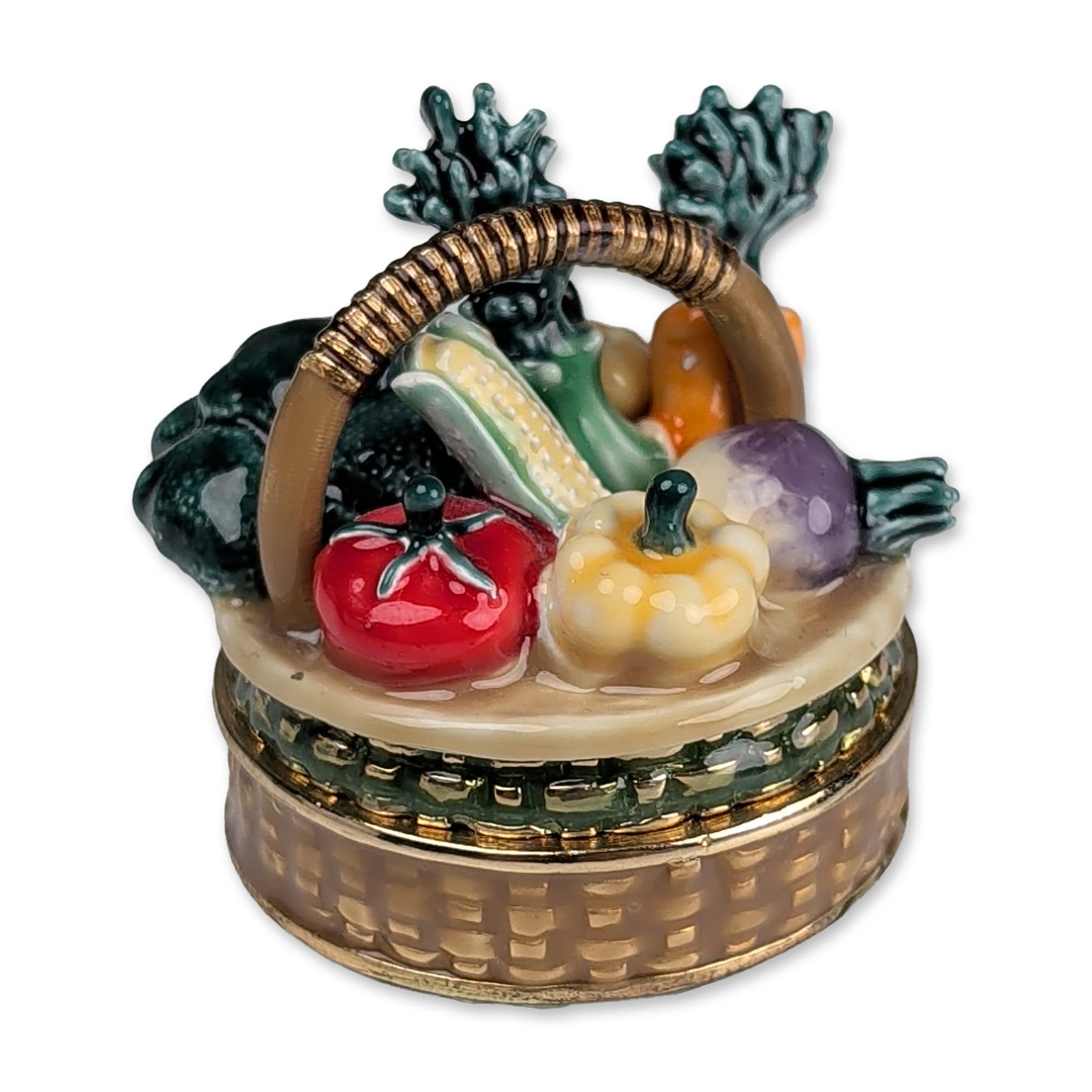 Monet Enameled Vegetable Basket Trinket Box, Eat Well: Monet collectible trinket box dated 2010, modeled as a woven basket filled with garden vegetables including a tomato, turnip, squash, broccoli, carrots, and corn. The piece is constructed of