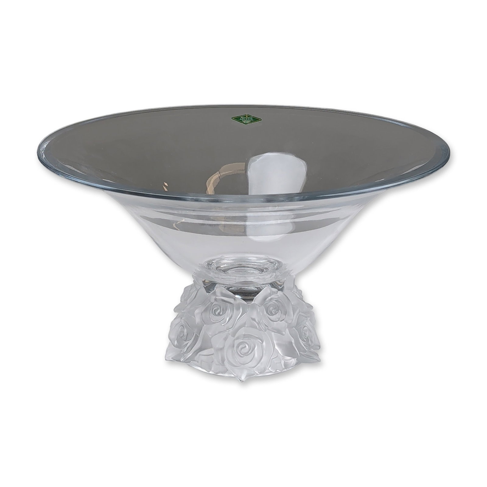 Shannon Crystal Frosted Rose Pedestal Bowl: Shannon Crystal centerpiece bowl in 24% lead crystal, featuring a flared rim and tapered body. The pedestal base is constructed of frosted crystal molded in high relief with a pattern of blooming rose