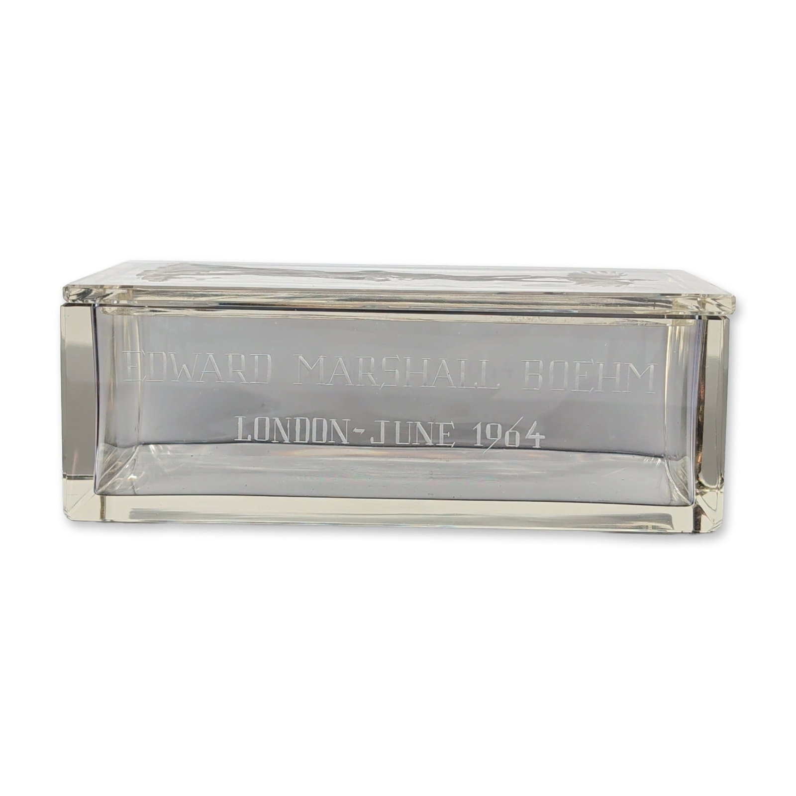 Edward Marshall Boehm 1964 Glass Bird Intaglio Lidded Box: A two-piece commemorative glass box by Edward Marshall Boehm (American, 1913-1969). The rectangular vessel is constructed from heavy-walled clear glass with a flat, recessed lid. The lid features a