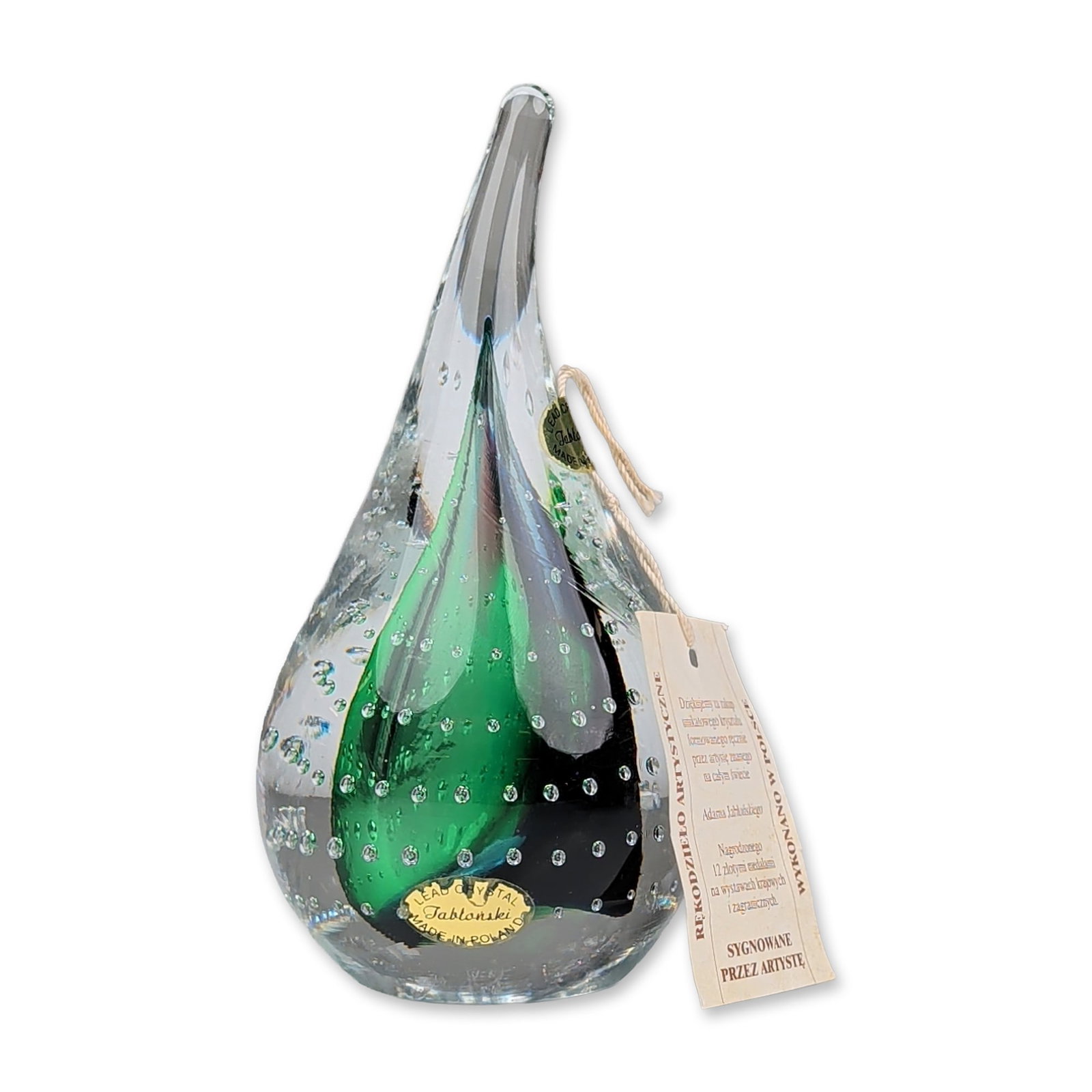 Adam Jablonski Art Lead Crystal Teardrop Paperweight: Adam Jablonski (Polish, born 1933). Pulled teardrop sculpture in mouth-blown lead crystal, featuring an internal core of deep emerald green and dark amethyst sommerso glass encased in clear crystal. T