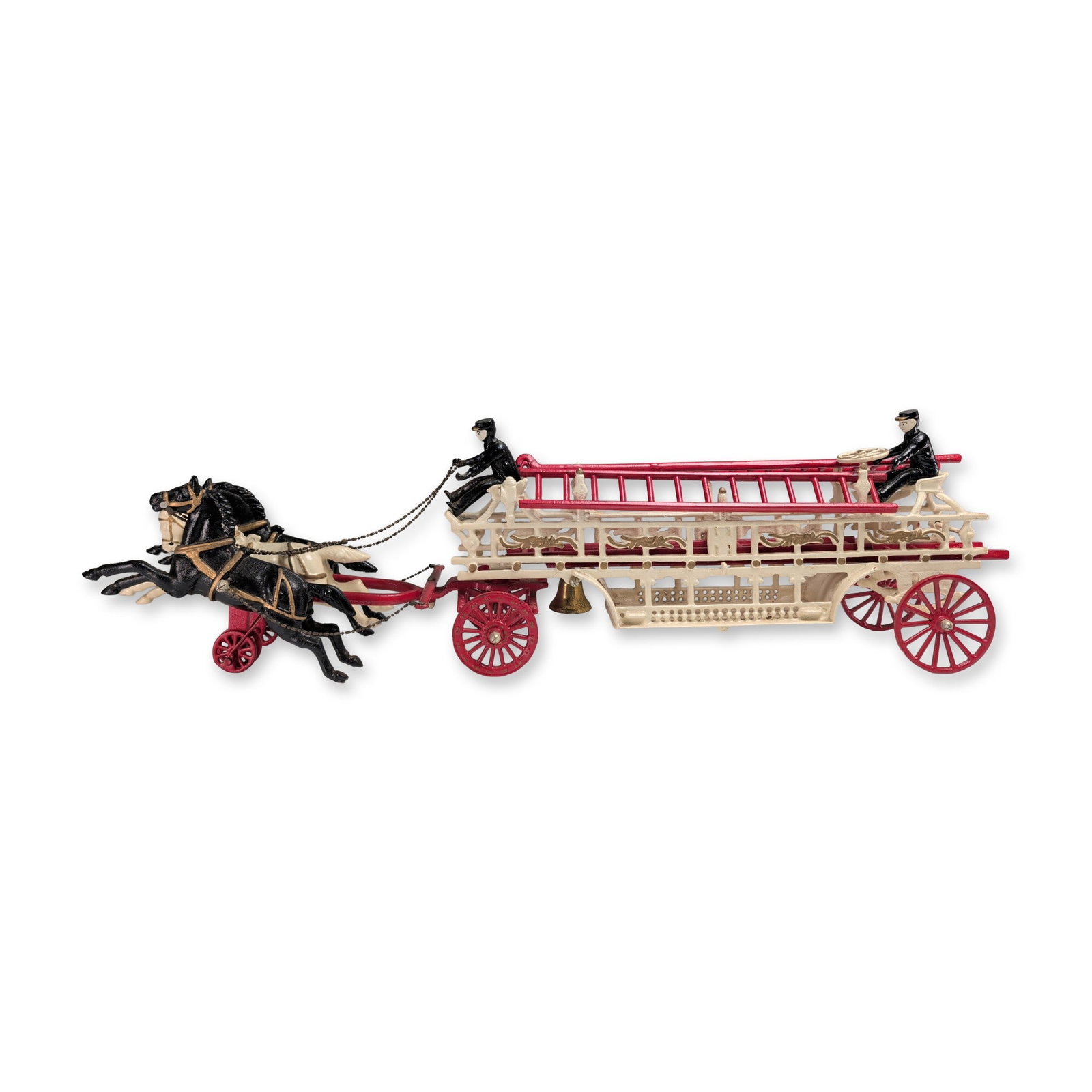 Vintage Horse Drawn Hook and Ladder Fire Wagon: Mid-century horse-drawn hook and ladder fire wagon cast iron construction with a white-painted carriage frame, red-painted spoke wheels, and two red removable ladders mounted on a top rack. The wagon 