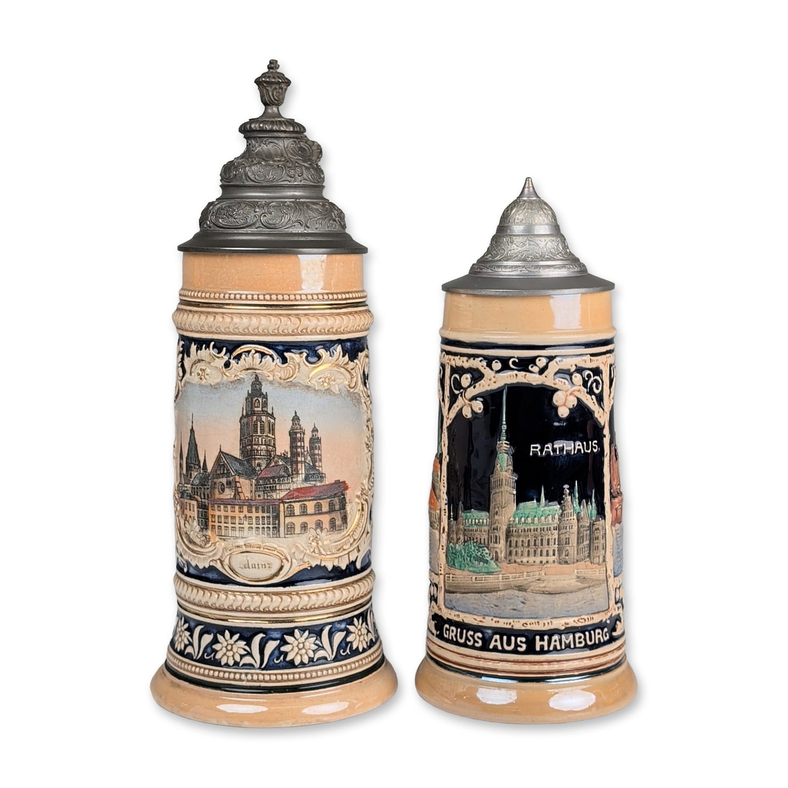 2pc German Relief Stoneware Beer Steins (1 of 4)