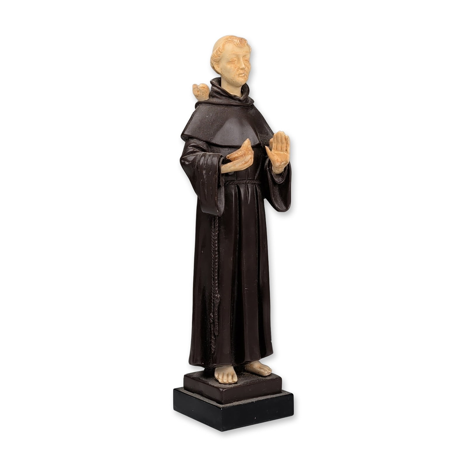 Bianchi Gino Ruggeri Italian Alabaster Resin Figurine, Saint Francis of Assisi: An Italian alabaster resin religious figurine by Gino Ruggeri for Bianchi, depicting a monastic saint in a preaching or blessing pose. The figure is finished in a two-tone scheme, with a dark brown sa