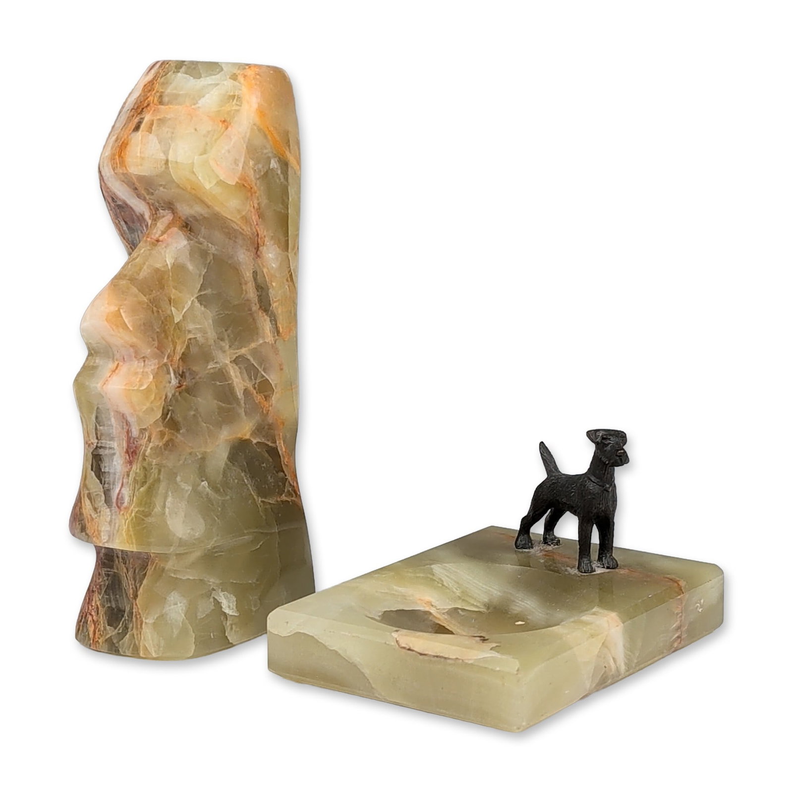 Two Banded Onyx Desk Accessories, Terrier Paper Clip Holder and Easter Island Head Paperweight (1 of 5)