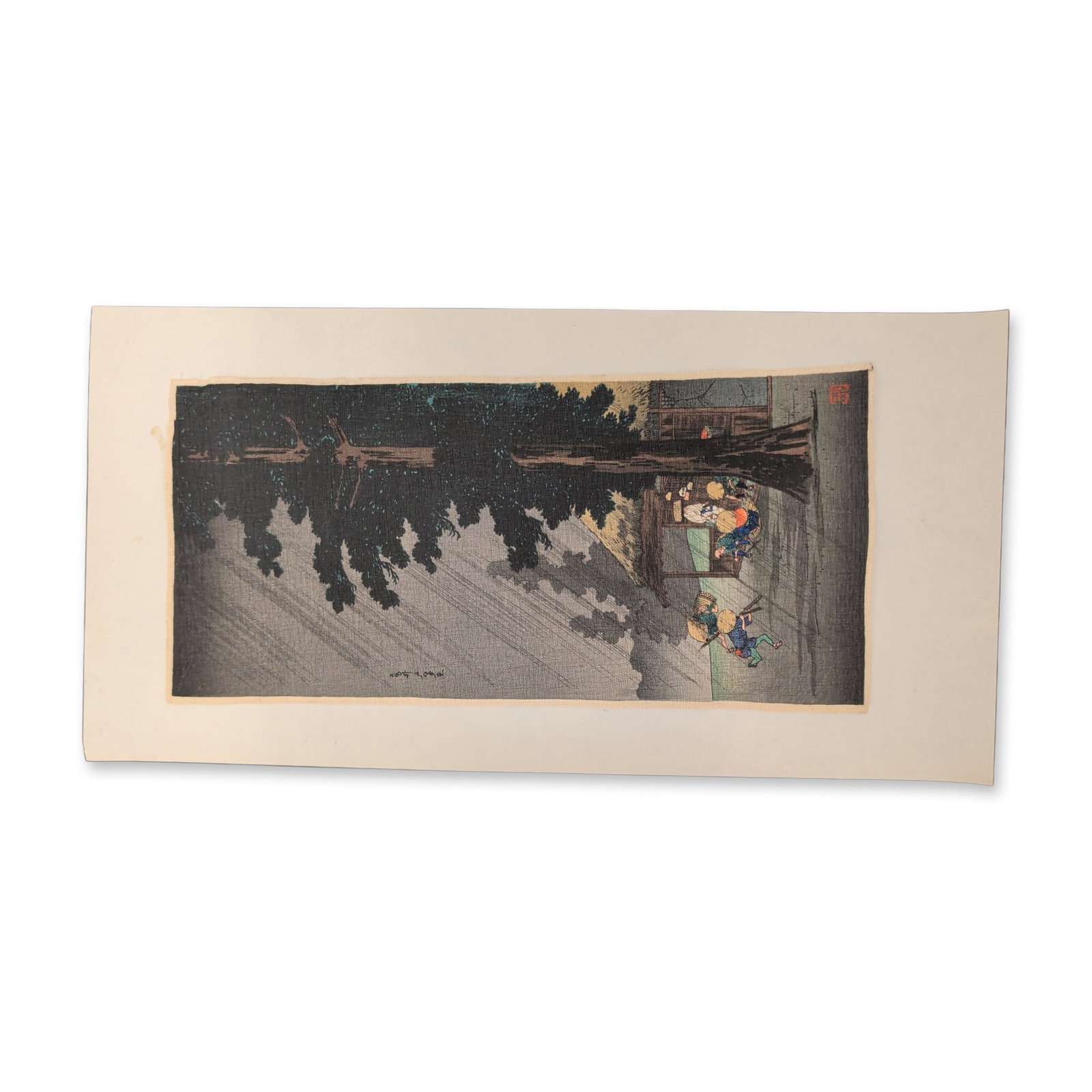 Takahashi Hiroaki (Japanese, 1871-1945), Woodcut on Paper, Sudden Shower at Takaido: Takahashi Hiroaki (Shotei) woodcut on crepe paper known as chirimen-e, titled Sudden Shower at Takaido. The composition depicts travelers and porters caught in a sudden torrential rainstorm at the Tak