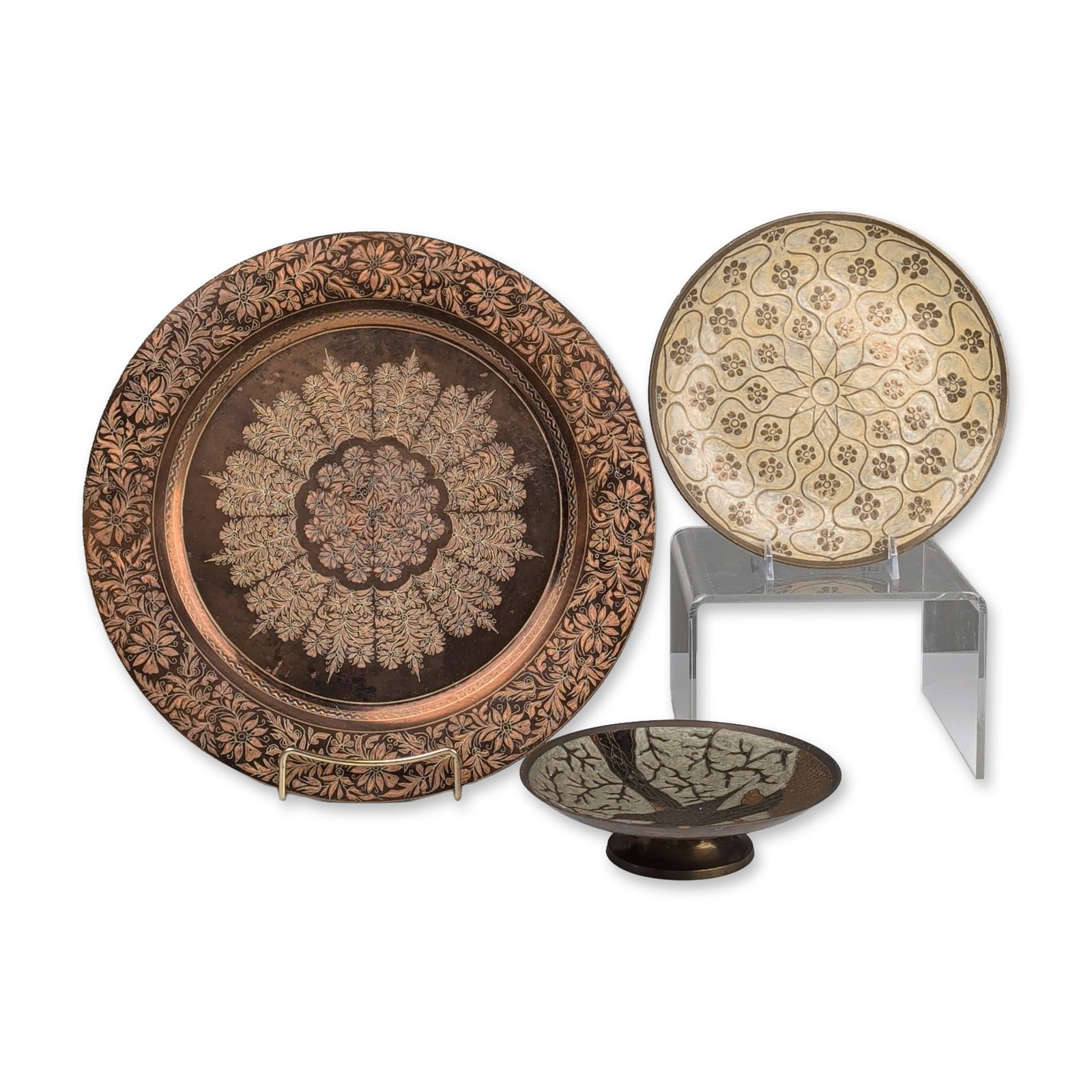 Three India Decorative Metalware including Pedestal Bowl and Wall Plaques (1 of 7)