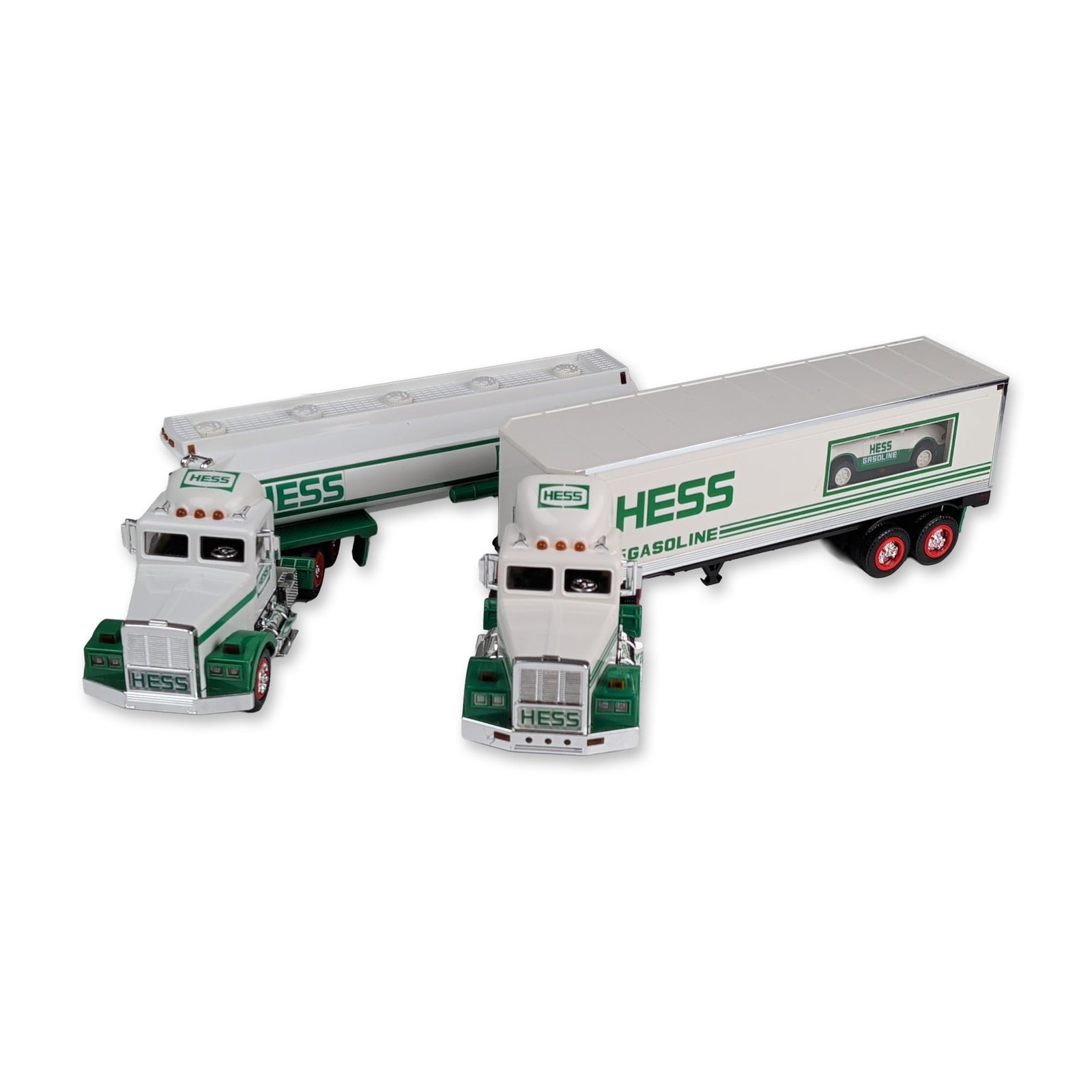Two 1990s Hess Toy 18 Wheeler and Racer plus Tanker Truck with Boxes (1 of 4)