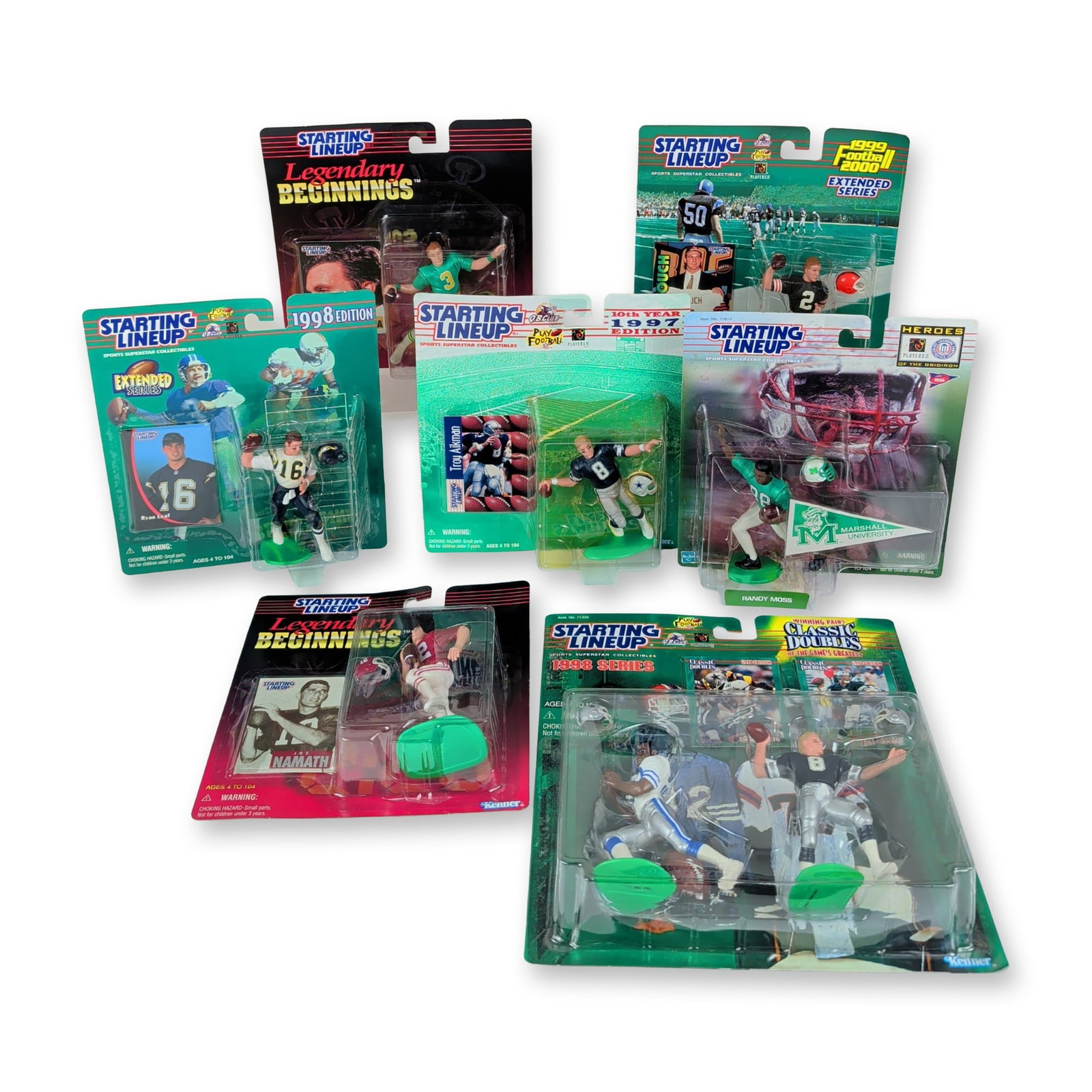 7pc Kenner Starting Lineup Football Action Figure Collection: This collection of vintage Kenner and Hasbro Starting Lineup sports action figures features prominent professional and collegiate football players in original factory-sealed blister packaging. The pie