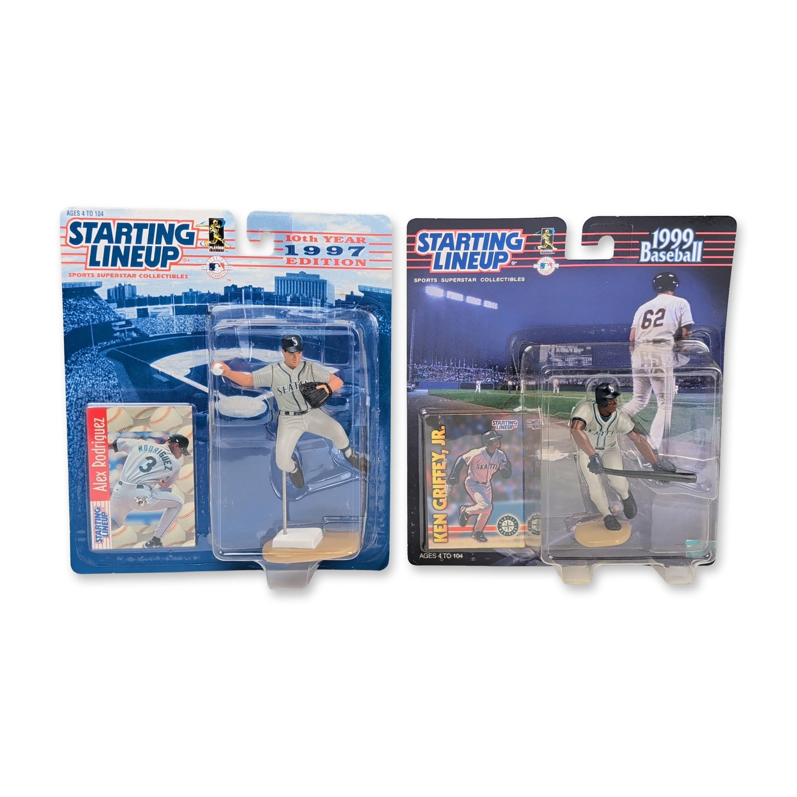 2pc Kenner and Hasbro Seattle Mariners Starting Lineup Action Figures: Pair of Seattle Mariners action figures in original unopened blister-pack packaging from the Starting Lineup series. The first figure depicts Alex Rodriguez in a grey road uniform in a throwing pose,