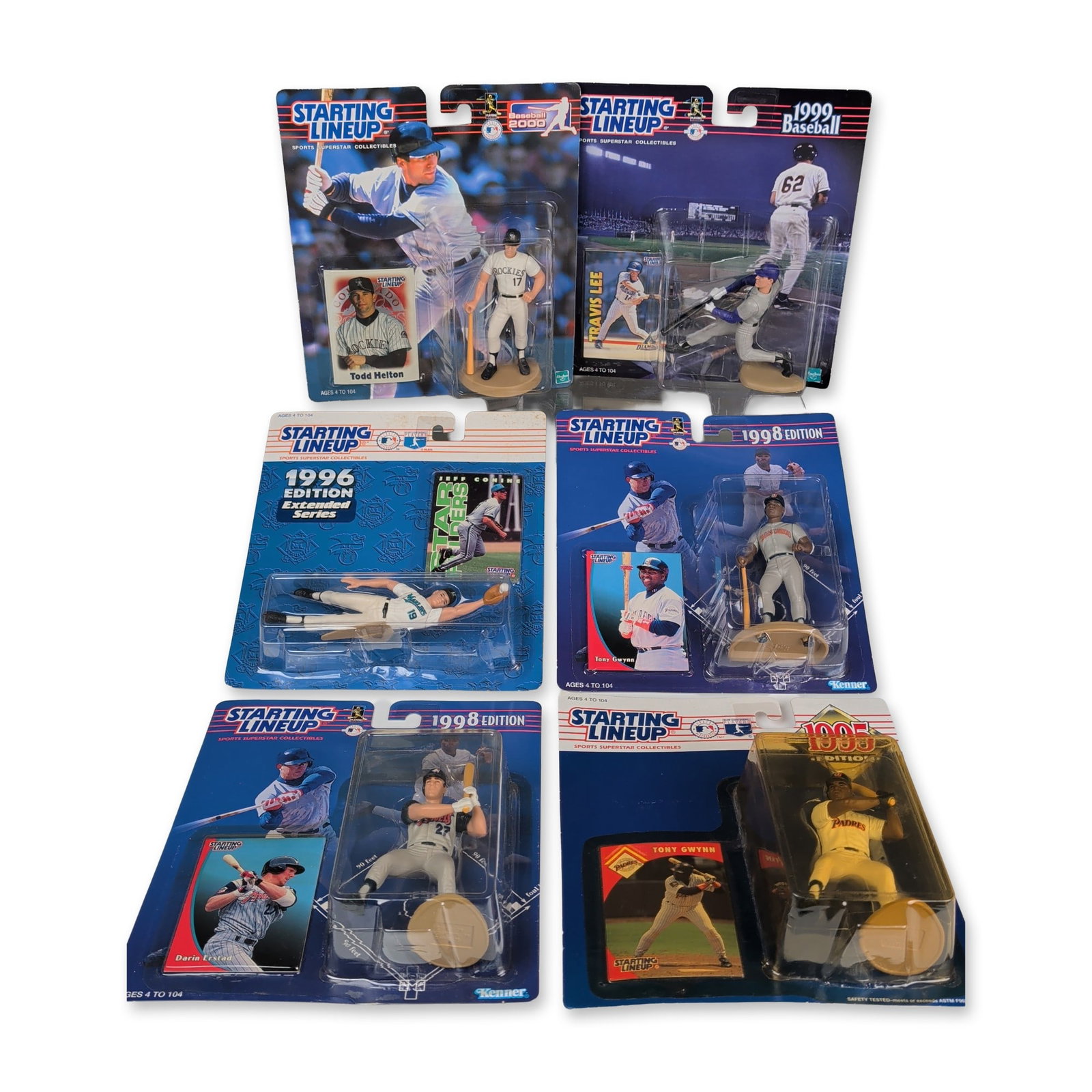 6pc Kenner & Hasbro Starting Lineup MLB Action Figure Collection: Kenner, United States. Collection of six Starting Lineup Major League Baseball action figures, each in original factory-sealed blister packaging. The lot includes figures representing players Travis