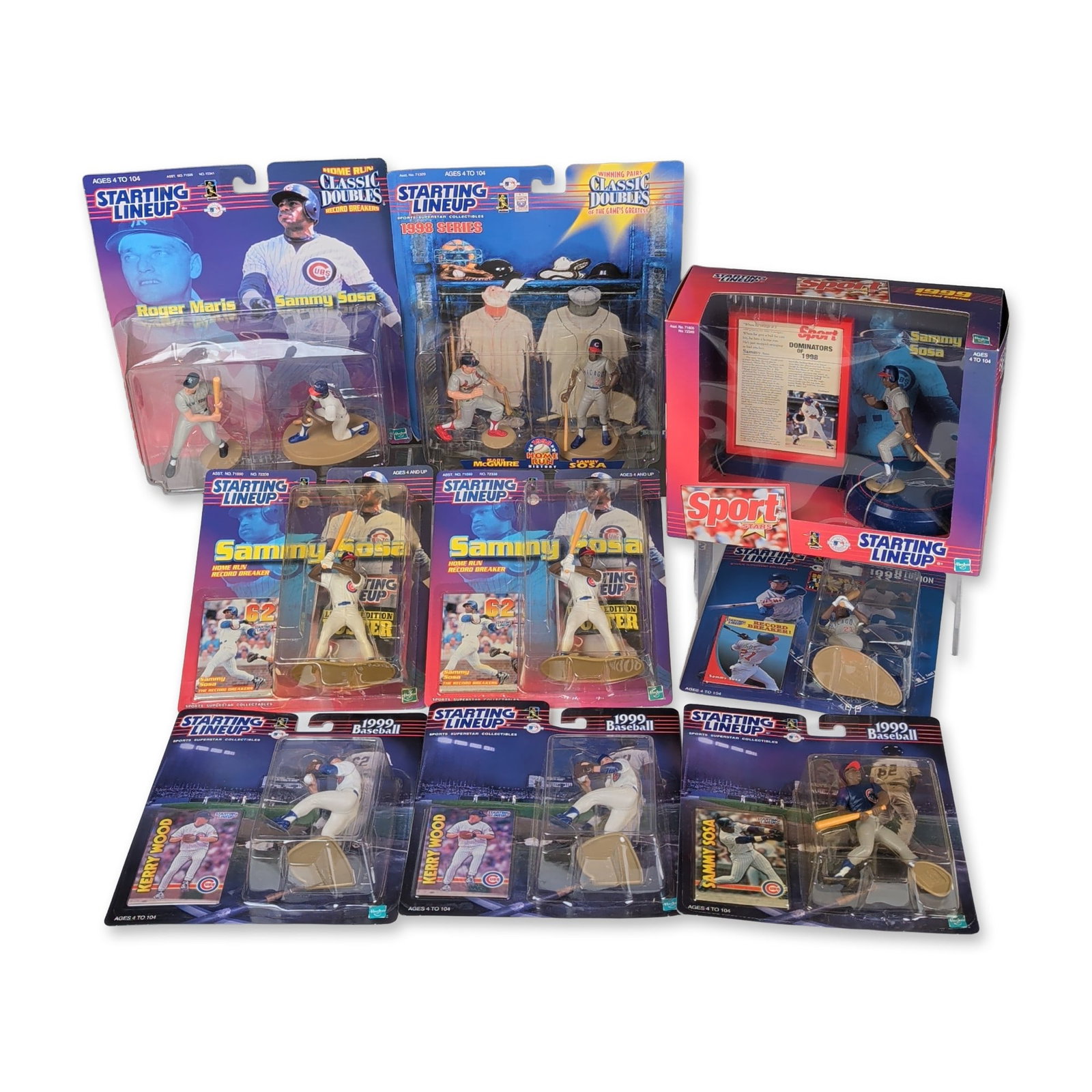 9pc Hasbro & Kenner Starting Lineup MLB Action Figures: A group of nine Starting Lineup MLB action figures produced by Hasbro and Kenner between 1998 and 1999. The collection focuses on Chicago Cubs star Sammy Sosa, featuring one 1999 Special Edition