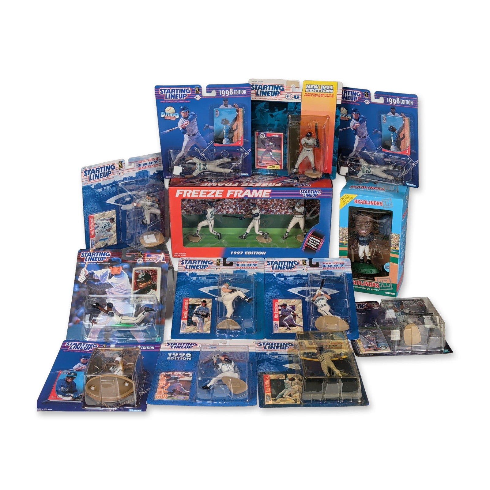 13pc Kenner Starting Lineup and Headliners Seattle Mariners Collection: Kenner and Corinthian collection of Seattle Mariners baseball action figures, primarily featuring Hall of Famer Ken Griffey Jr., along with Alex Rodriguez, Randy Johnson, and Edgar Martinez. The