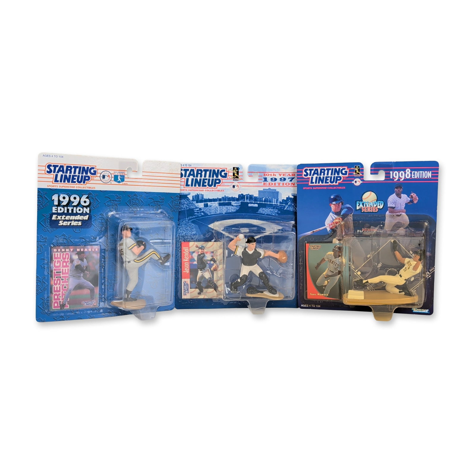 3pc Kenner Pittsburgh Pirates Starting Lineup Action Figures: A trio of Kenner Starting Lineup baseball action figures featuring players from the Pittsburgh Pirates, produced between 1996 and 1998. The group includes a 1996 Edition Extended Series Denny Neagle i