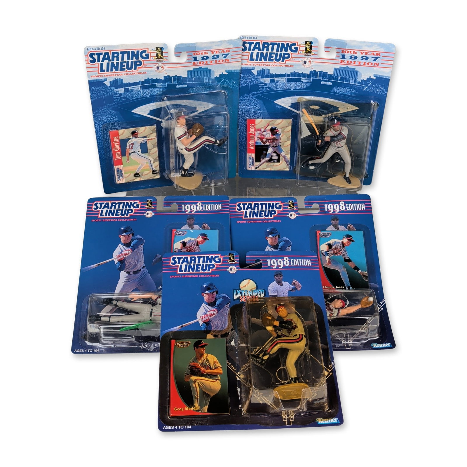 5pc Kenner 1990s Atlanta Braves Starting Lineup Figures: Lot of five Atlanta Braves Starting Lineup action figures manufactured by Kenner, representing the 1997 and 1998 seasons. This group includes 1997 editions of Andrew Jones and Tom Glavine, 1998