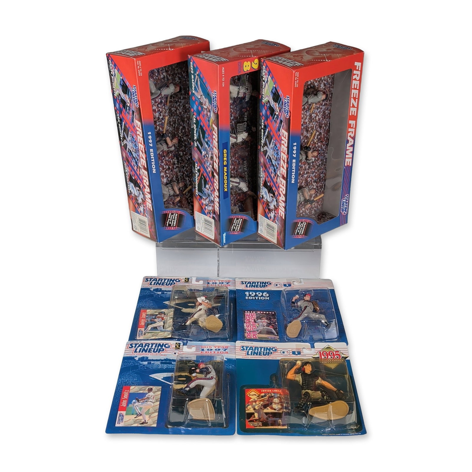 7pc Kenner Starting Lineup Baseball Action Figures: A collection of seven Kenner Starting Lineup baseball action figures and multi-figure sets dating from 1995 to 1997. The group includes three 1997 Edition Freeze Frame sets and four individual carded 
