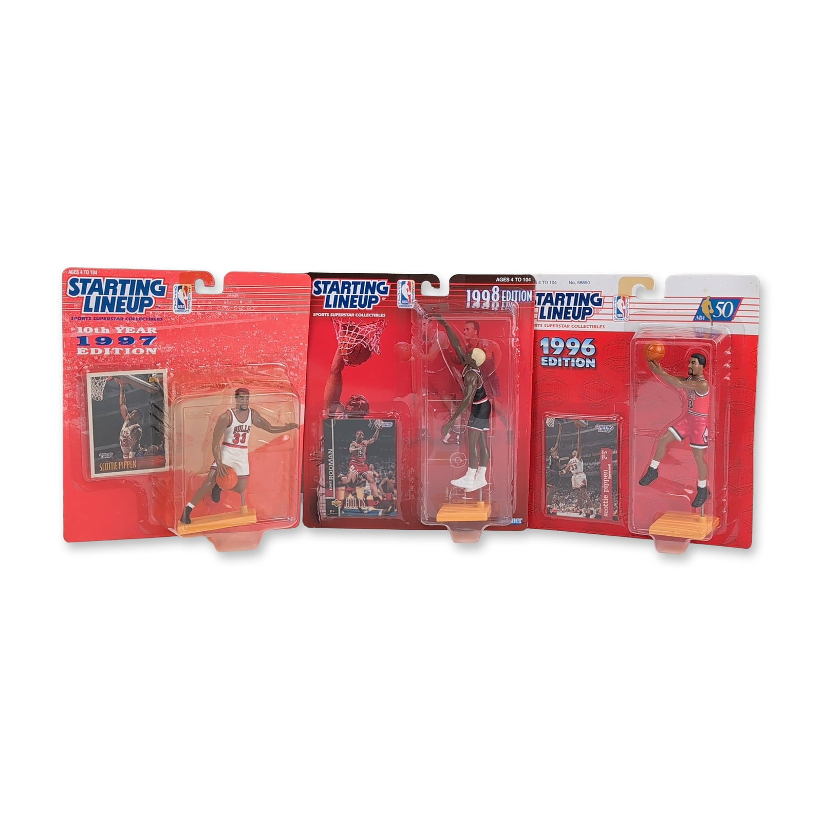 3pc Kenner Chicago Bulls Starting Lineup Action Figures: Vintage Kenner Starting Lineup NBA action figures featuring Chicago Bulls players. The collection includes a 1996 Edition Scottie Pippen in a red away jersey with the NBA 50th anniversary logo, a 1997