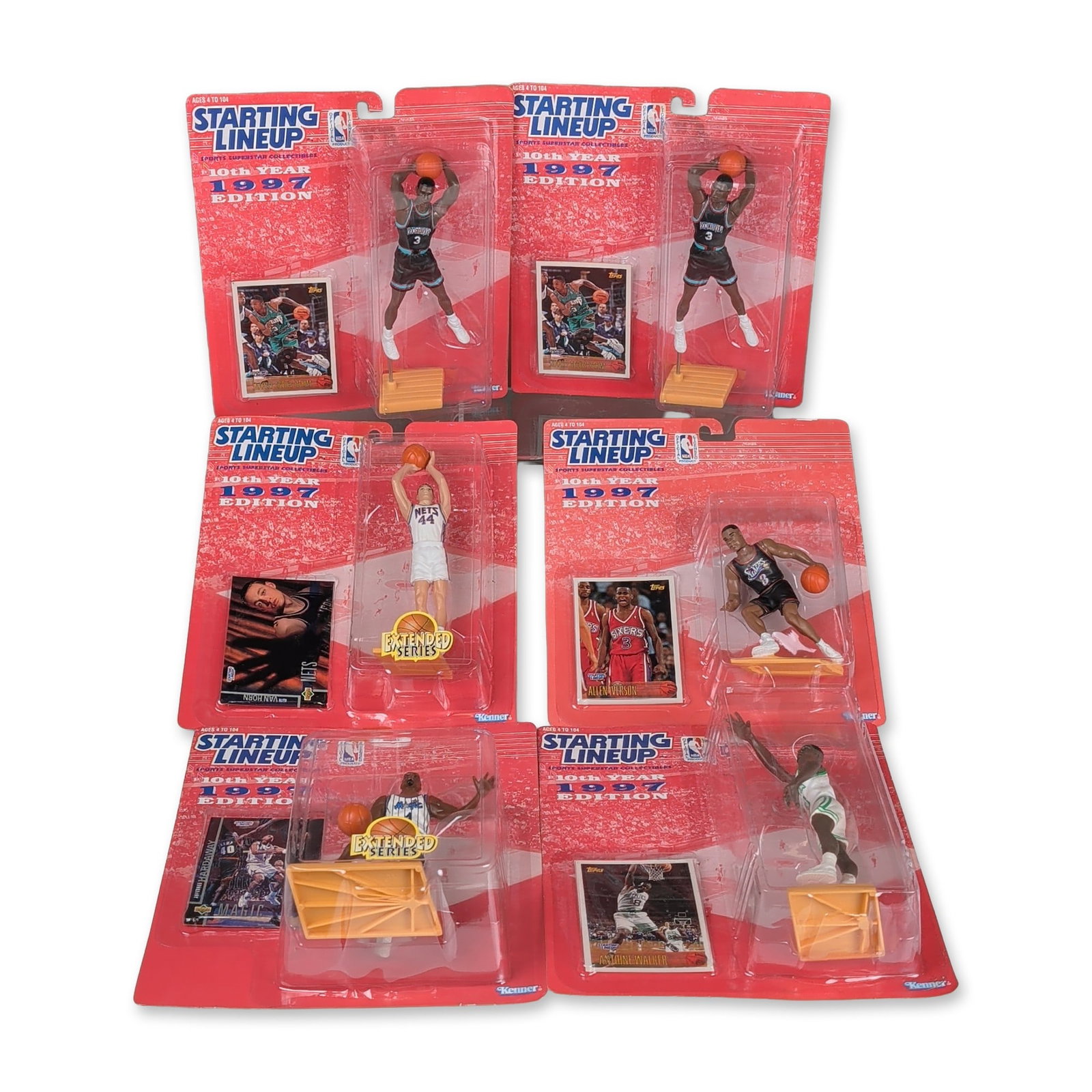 6pc Kenner 1997 Starting Lineup NBA Superstar Collectibles: Group of six Kenner Starting Lineup NBA action figures, 1997 editions. Each figure is housed in its original factory blister pack packaging and includes a collectible trading card, a miniature plastic