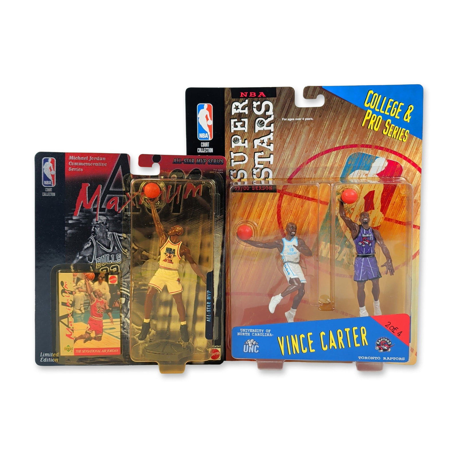 2pc Mattel 1999 NBA Action Figure Sets: This pair of vintage Mattel NBA sports action figure sets features prominent professional basketball stars in original factory-sealed blister packaging. The first piece is a College & Pro Series dual-