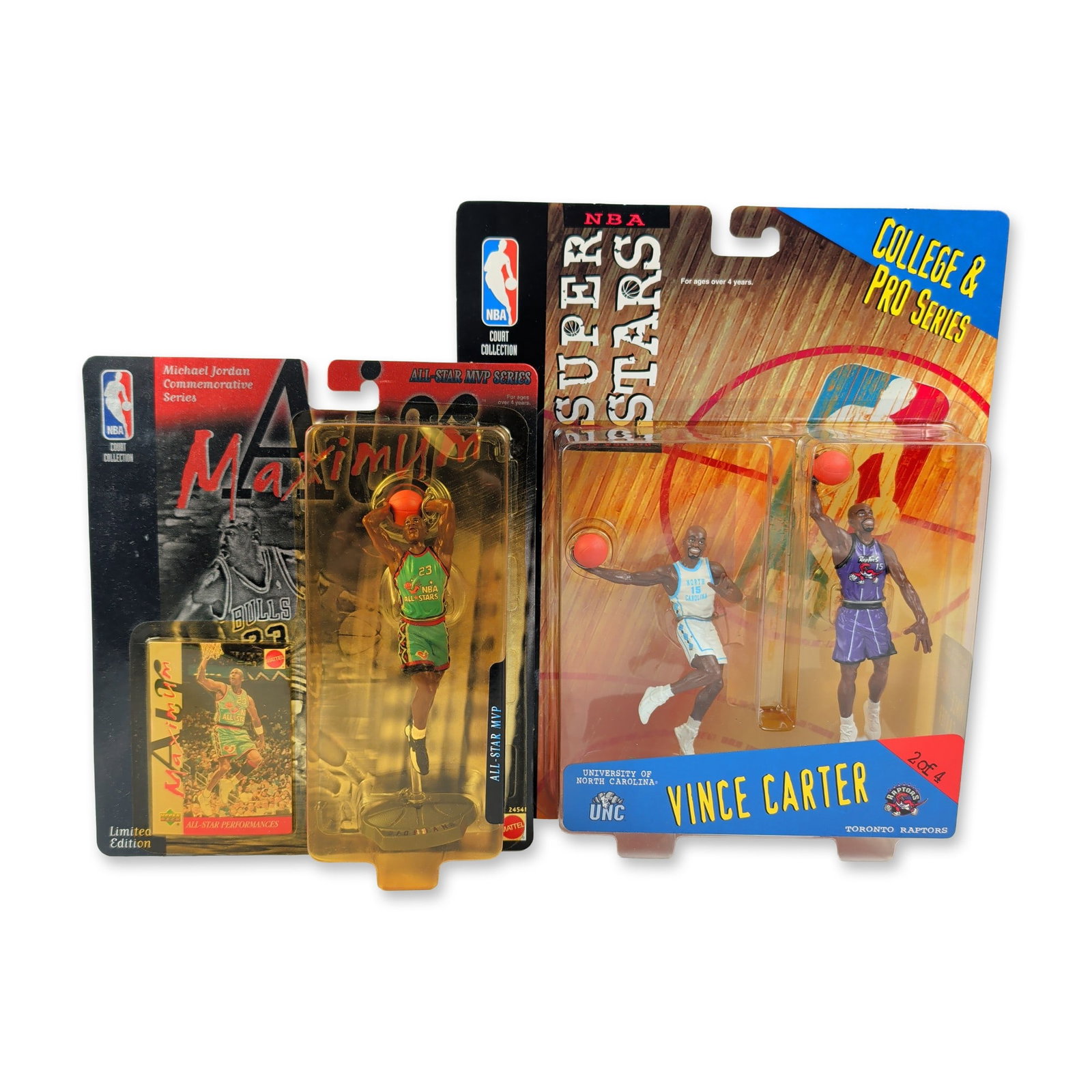 2pc Mattel NBA Action Figures: This pair of vintage Mattel NBA sports action figure sets features prominent professional basketball stars in original factory packaging. The first piece is an NBA Superstars College & Pro Series dual