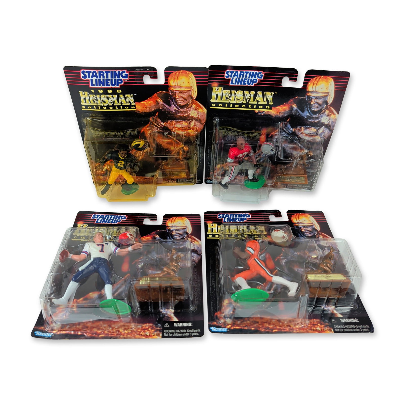 4pc Kenner Starting Lineup Heisman Collection Action Figure Set: This set of vintage Kenner sports action figures features prominent collegiate football stars in original factory-sealed blister packaging from the Heisman Collection series. The pieces comprise indiv