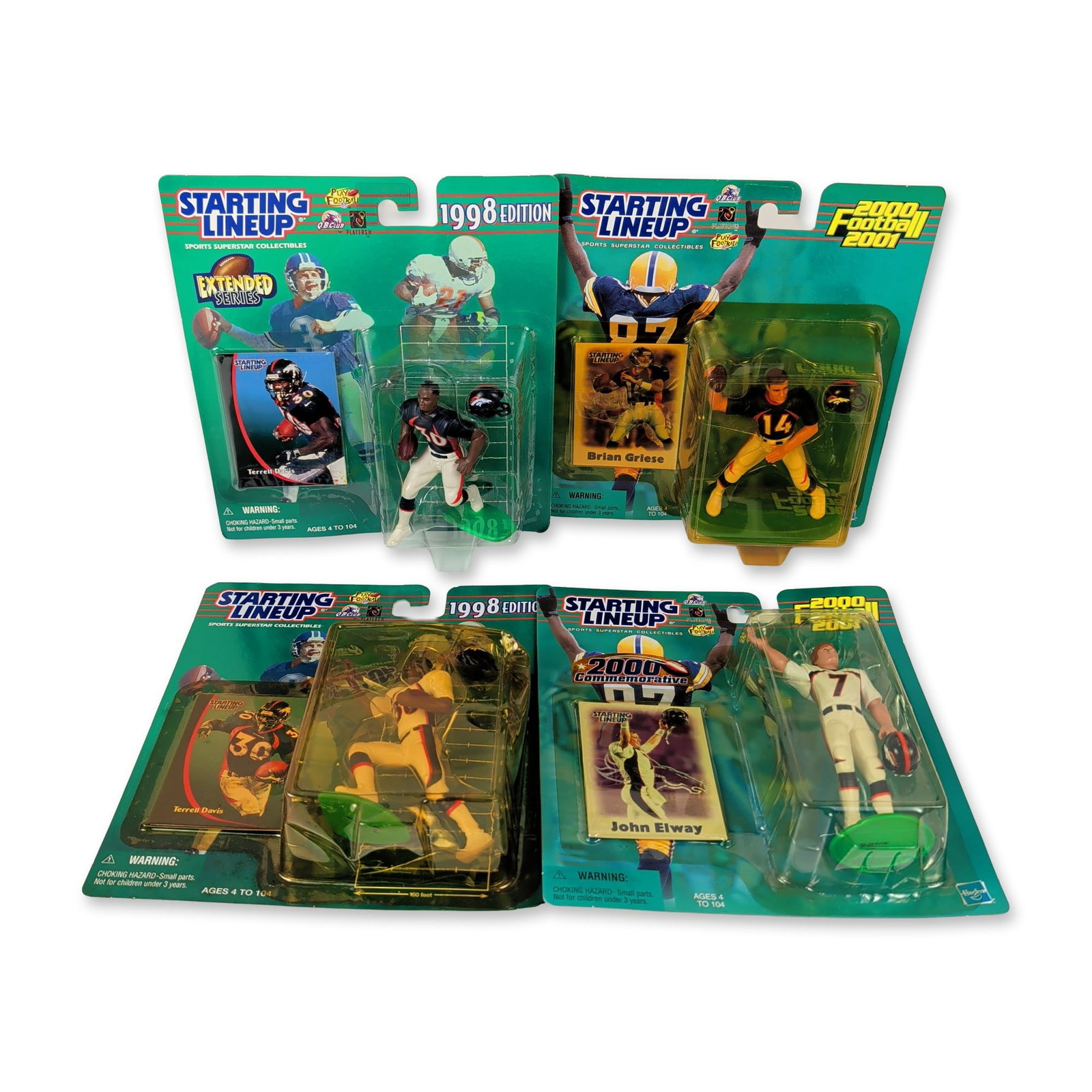 4pc Denver Broncos Kenner and Hasbro Starting Lineup Action Figure Collection: This four-piece collection of sports action figures features prominent members of the Denver Broncos football franchise in original factory-sealed blister packaging. The assortment comprises a John El