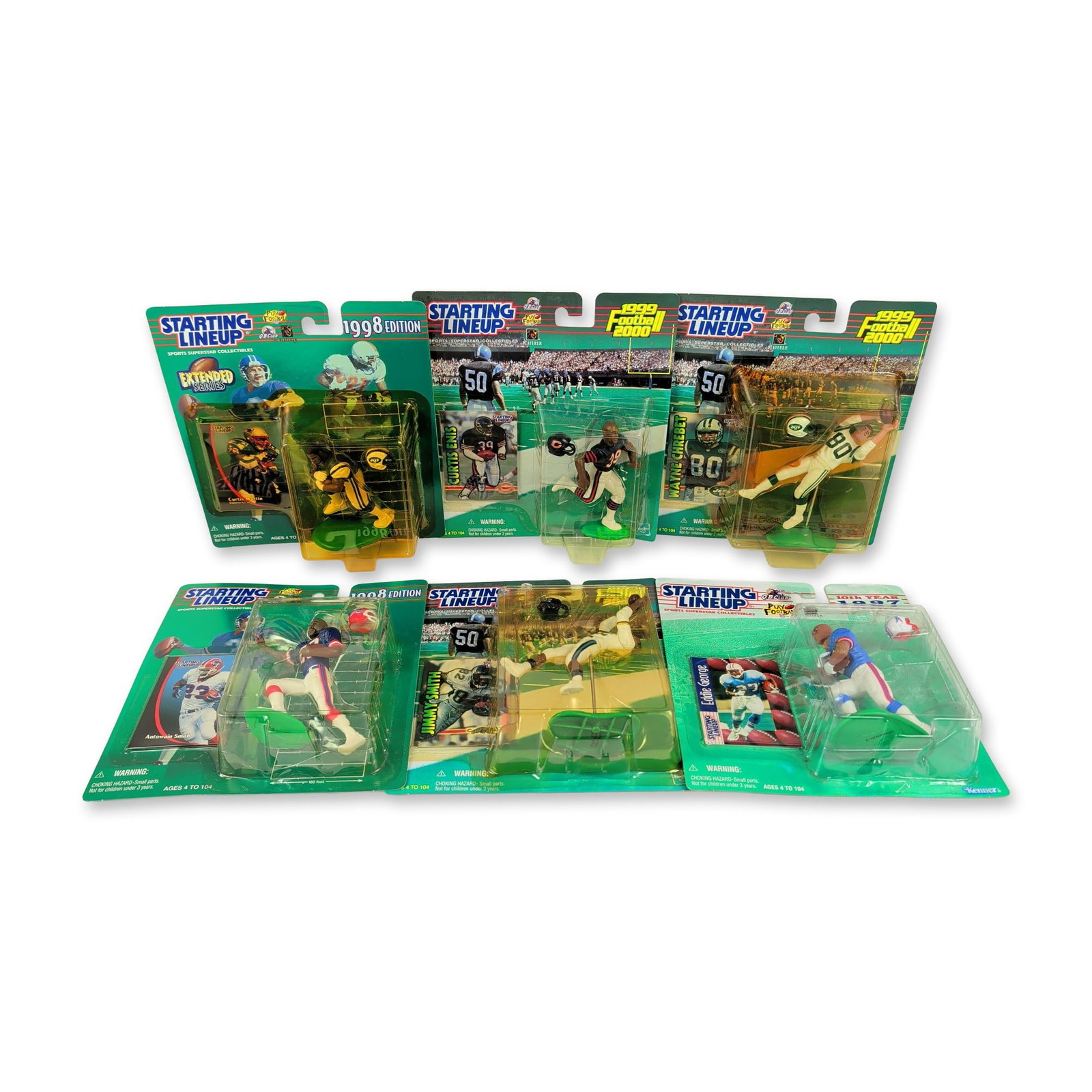 6pc Collection of Kenner Starting Lineup NFL Action Figures: This collection of vintage Kenner sports action figures features prominent National Football League players in original factory-sealed blister packaging. The pieces comprise individual figures of Wayn