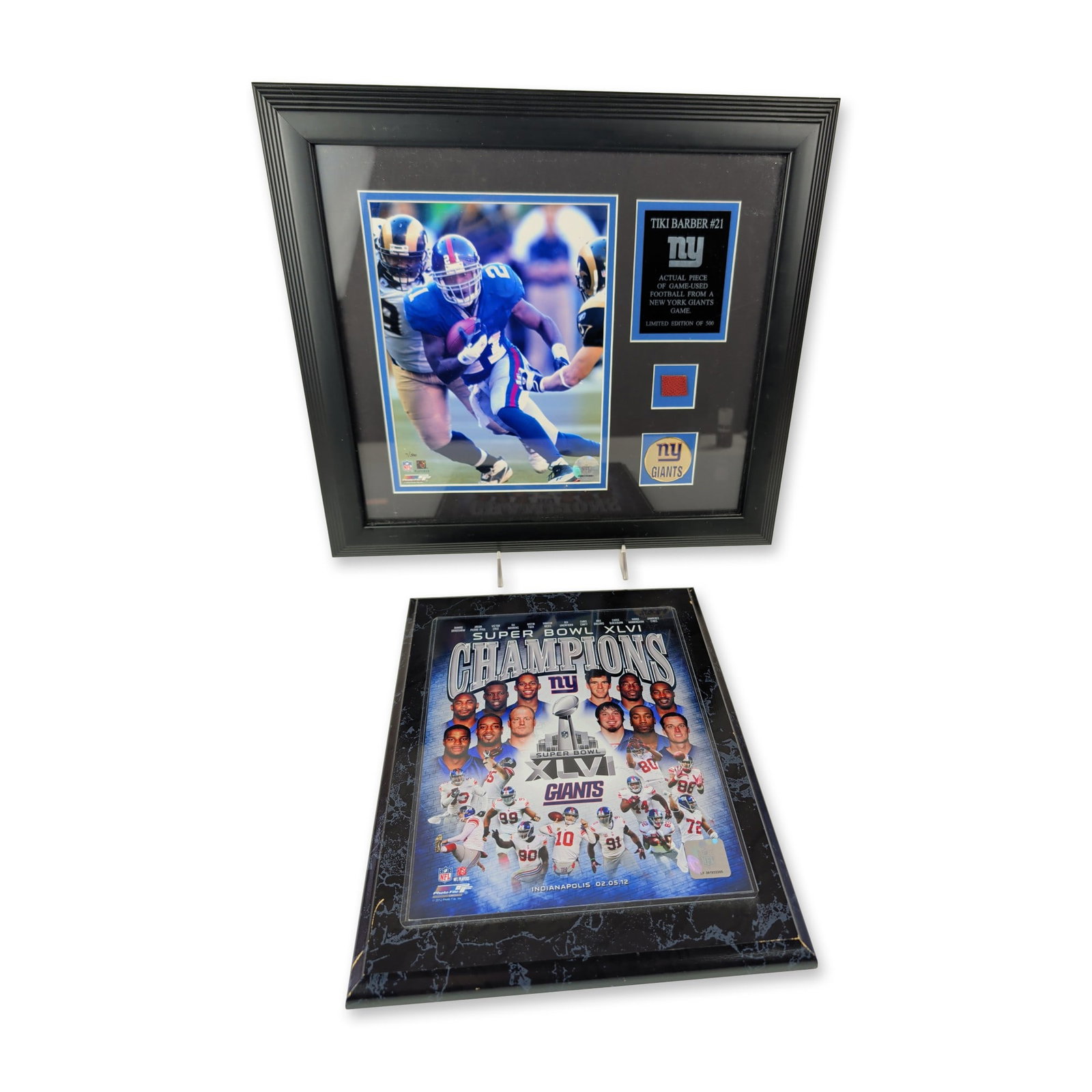 2pc New York Giants Framed Tiki Barber and Super Bowl XLVI Memorabilia: This pair of New York Giants football memorabilia highlights prominent franchise players and milestones. The first piece is a limited-edition framed display centering a color photograph of running