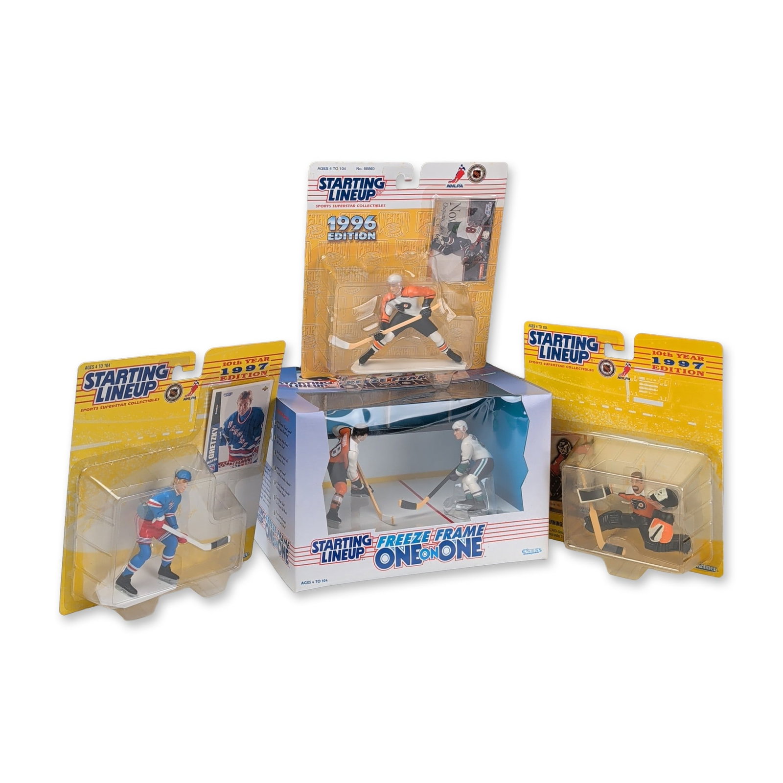 4pc Kenner Starting Lineup NHL Action Figures: Kenner Starting Lineup brand group of four NHL action figures in original retail packaging, including 1996 and 1997 editions. The collection features Wayne Gretzky in a New York Rangers jersey (1997 1