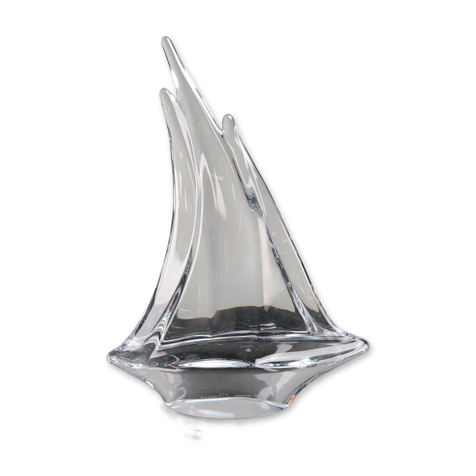 Daum France Modernist Crystal Sailboat Sculpture: Daum France modernist crystal sailboat sculpture featuring fluid sweeping curves culminating in three elongated sails. The piece is constructed from heavy polished lead crystal. An etched cursive sign
