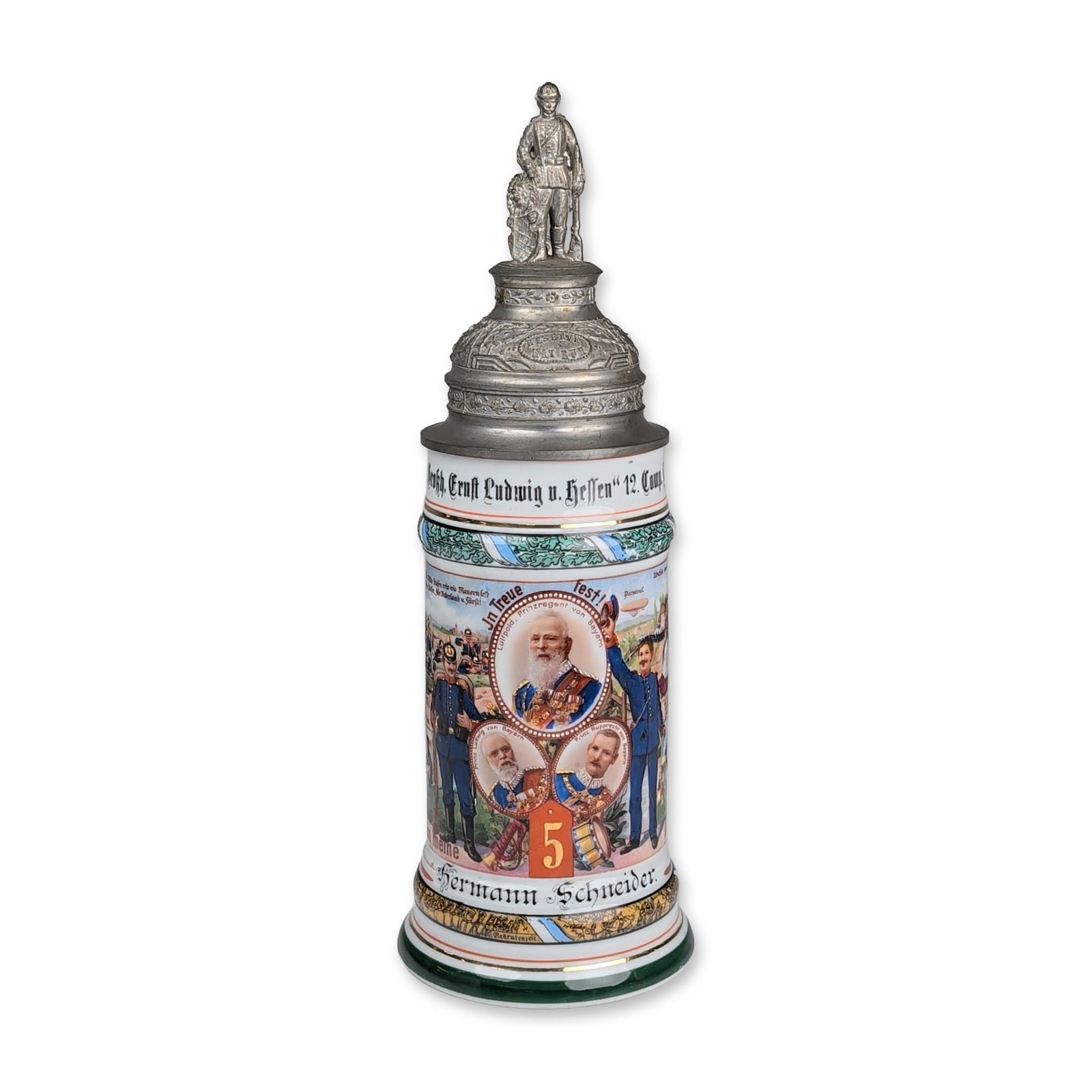 Imperial German Bavarian Infantry Reservist Stein: Imperial German Bavarian infantry regimental reservist beer stein in porcelain and pewter, dated 1910-1912. The body features multi-color transfer-printed and hand-finished decoration for the 5th Roya