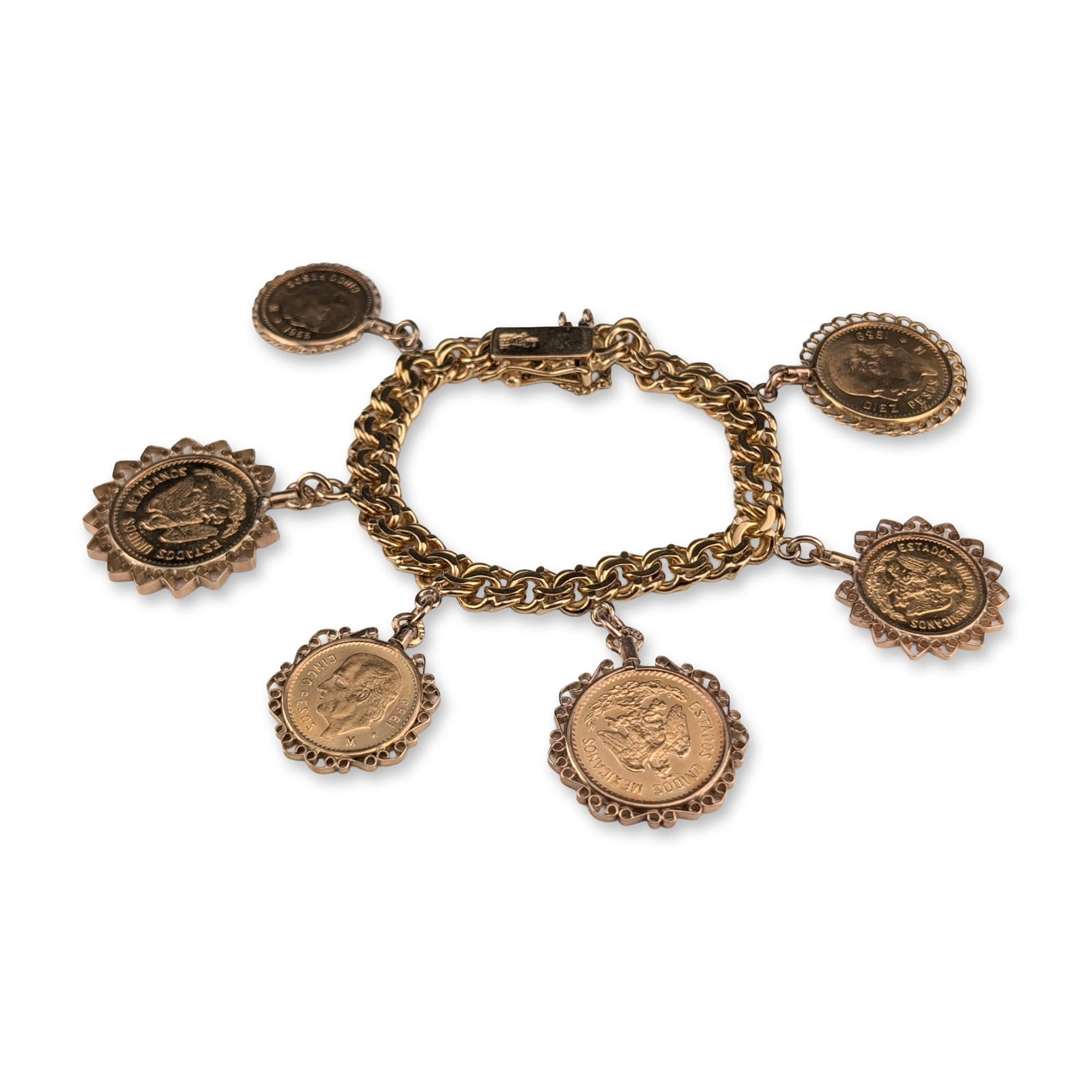 18K and 14K Gold Mexican Peso Coin Charm Bracelet (1 of 7)