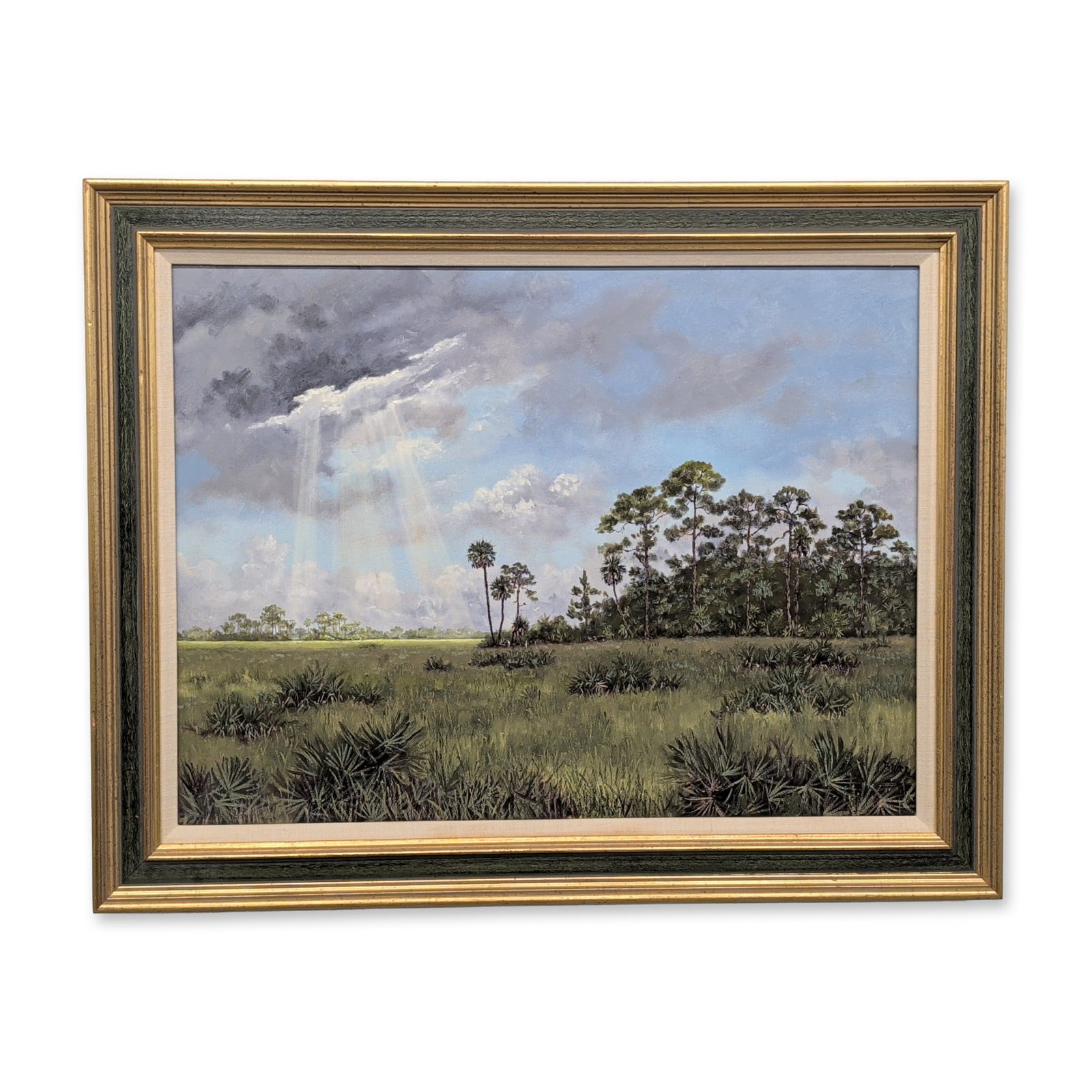 Jackie Brice (American, b. 1937), Florida Marshland Landscape, Oil on Canvas: Jackie Brice (American, b. 1937). Oil on canvas landscape depicting a Florida marsh scene with characteristic saw palmettos and slash pines under crepuscular rays. Signed J Brice lower right. The work