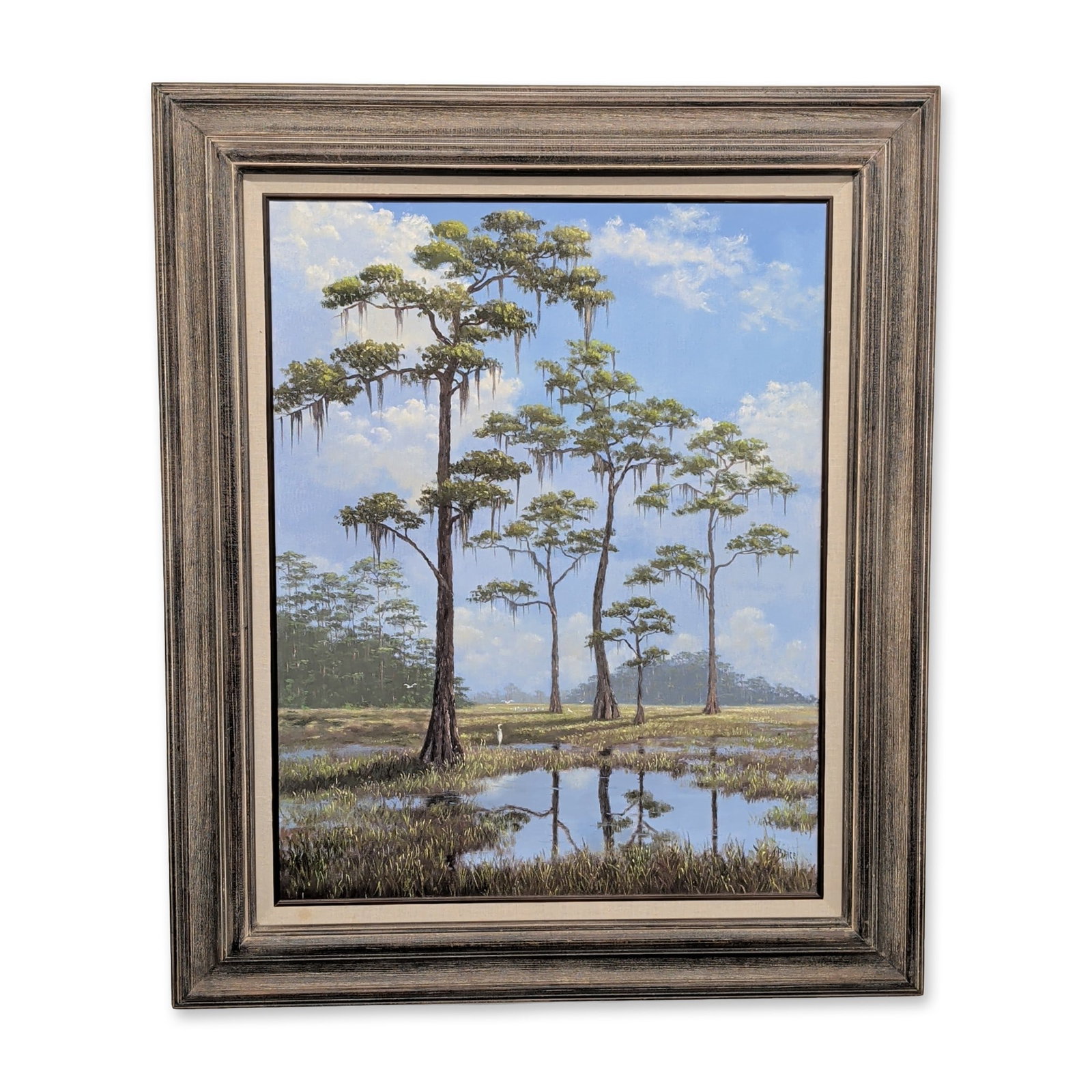 Jackie Brice (American, b. 1935), Marsh Landscape with Egrets: Jackie Brice (American, b. 1935). Oil painting on canvas, depicting a Southern marsh landscape with tall pine trees draped in Spanish moss and wading white egrets. The work is executed in a contempora