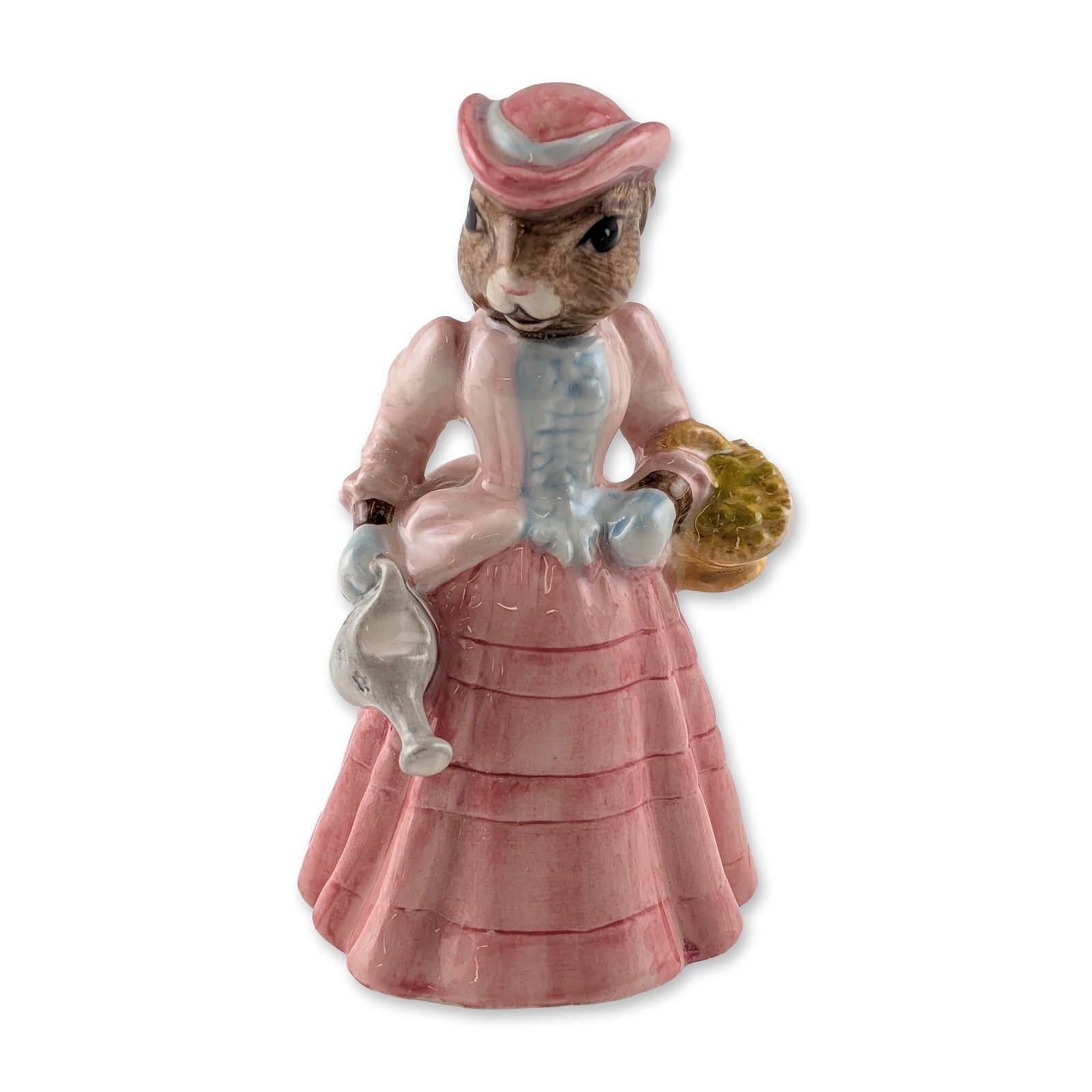 Royal Doulton Bunnykins Mary Mary Quite Contrary Porcelain Figurine: Royal Doulton porcelain figurine, Mary Mary Quite Contrary, model DB 247 from the Bunnykins Nursery Rhyme Collection. The hand-decorated figure depicts an anthropomorphic rabbit in a tiered pink dress