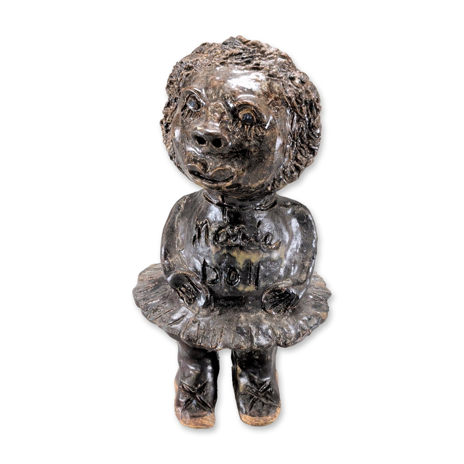 Marie Rogers Pottery Folk Art Doll Figurine: Contemporary American ceramic folk art figurine by Marie Rogers. The figure is finished in a dark, textured metallic-black glaze and depicts a stylized person with short, tightly curled hair wearing a