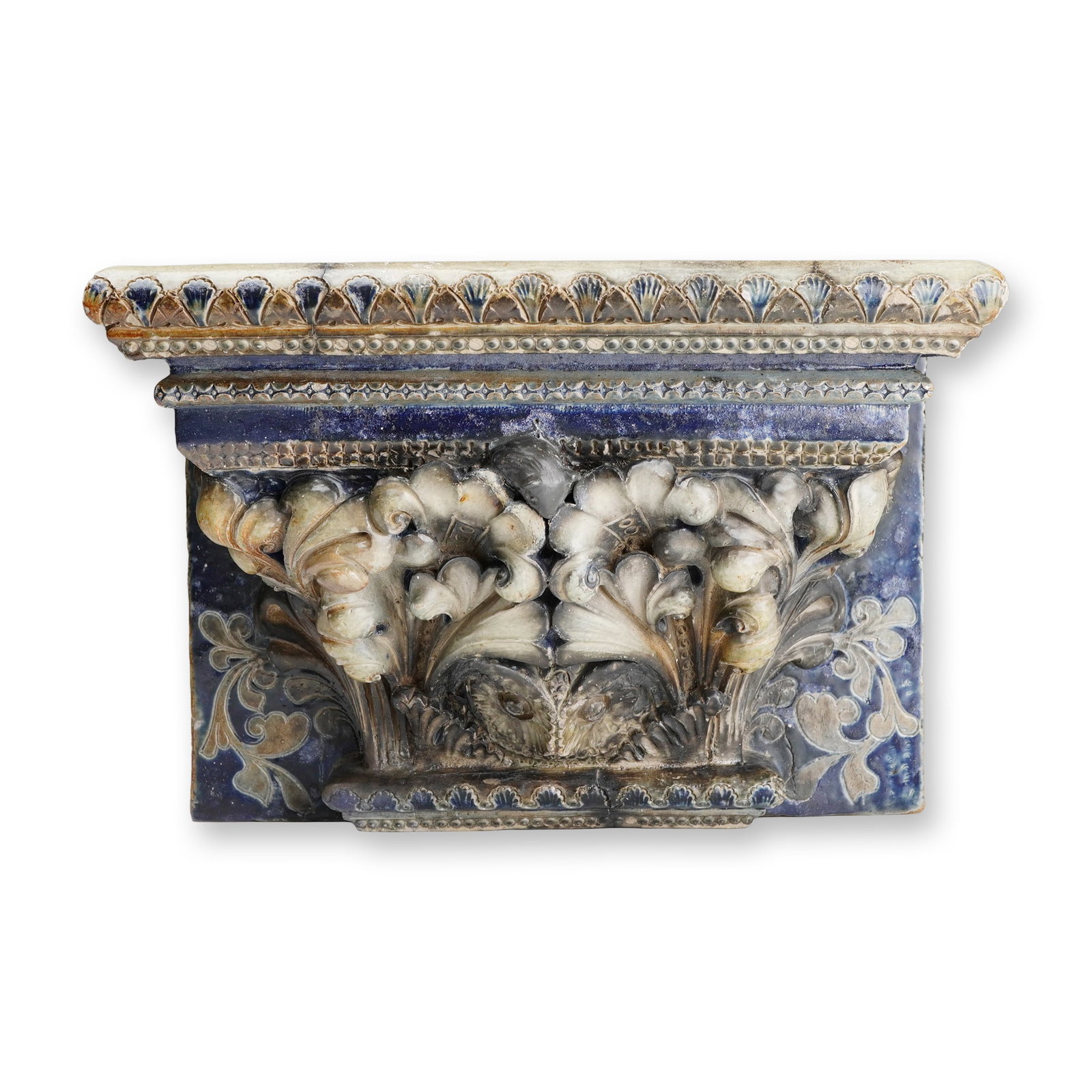 Martin Brothers Important and Very Rare Fireplace Mid-Section With Multiple Animals, Signed & Dated: Crafted from glazed stoneware, features a bold high-relief owl face entwined with scrolling acanthus leaves and foliate motifs that cleverly conceal a hidden mouse and dove. The side panels carry low-