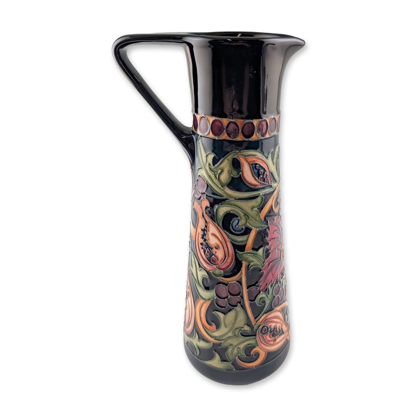 Moorcroft Rachel Bishop Earthly Paradise Trial Vase: Modern Moorcroft art pottery pitcher in the Earthly Paradise pattern, designed by Rachel Bishop. Earthenware body featuring tubelined decoration of stylized pomegranates, grapes, and scrolling acanthu